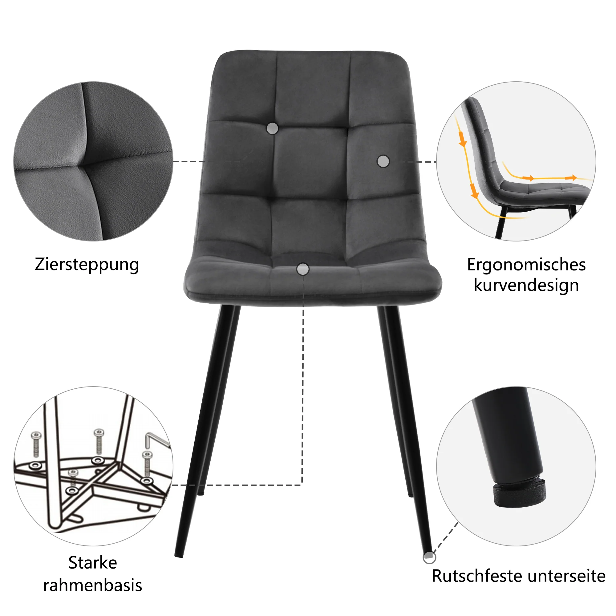 Dining Set 5-Piece 120x70cm Table 4 Dark Grey Velvet Chairs Black Iron Legs - Image 9