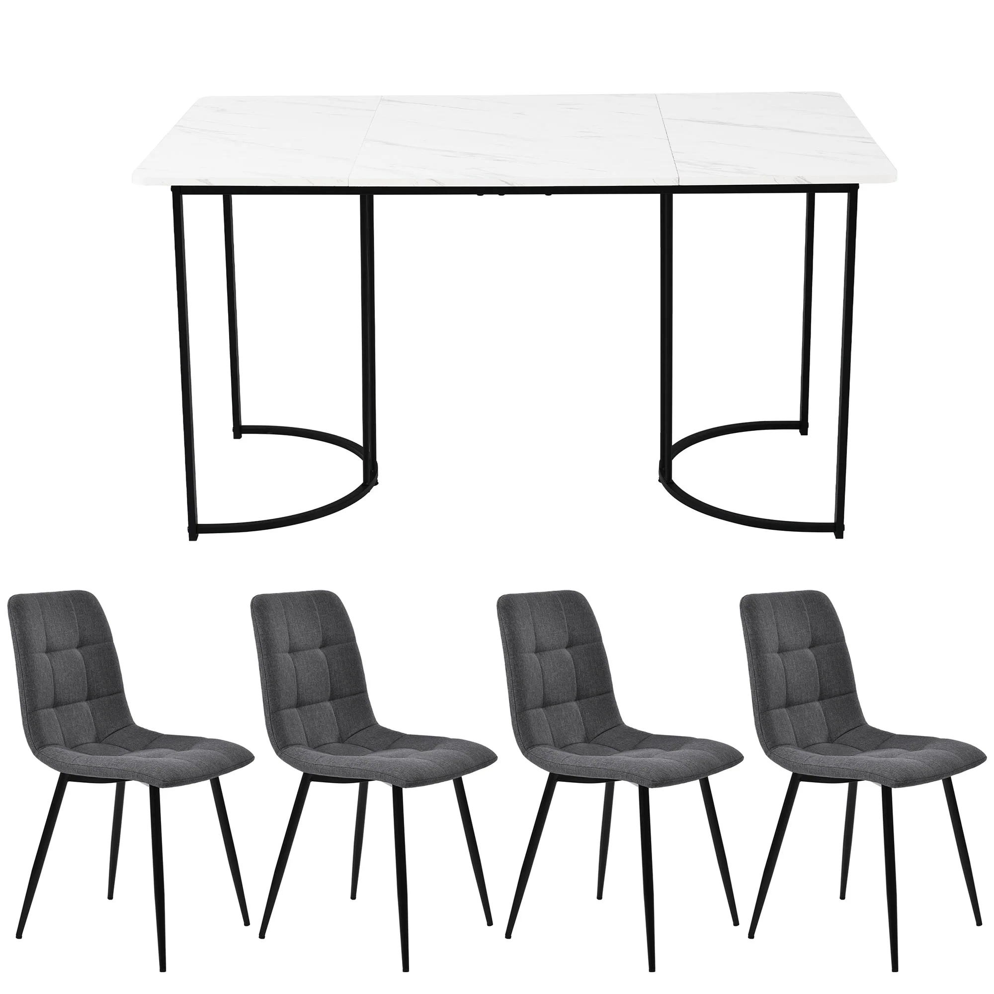 Dining Set 5-Piece 140x80cm Modern Kitchen 4 Chairs Black Legs - White MDF Dark Grey Linen - Image 5