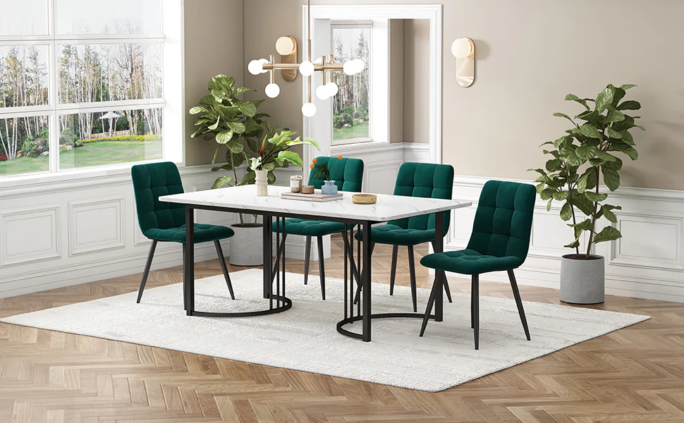 Dining Set 5-Piece 140x80cm Table White MDF Black Metal Legs Dark Green Velvet - Image 2