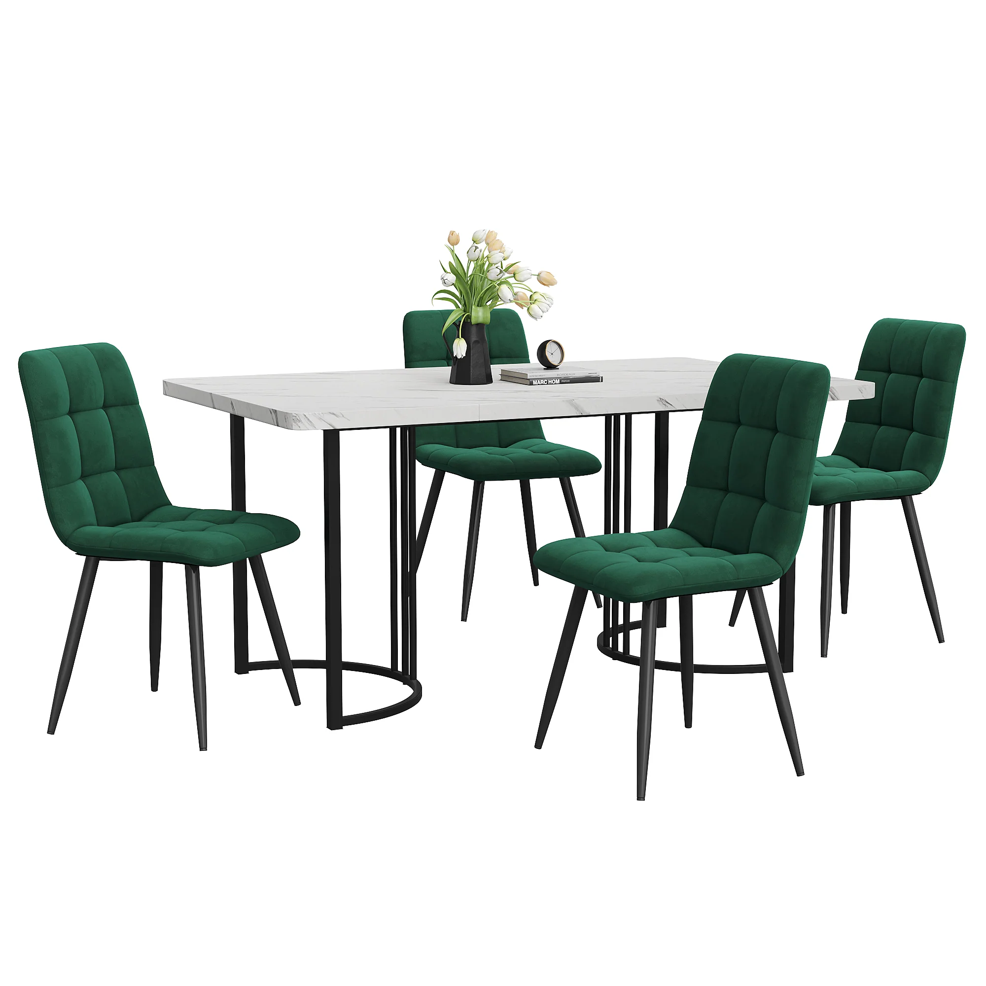 Dining Set 5-Piece 140x80cm Table White MDF Black Metal Legs Dark Green Velvet - Image 3