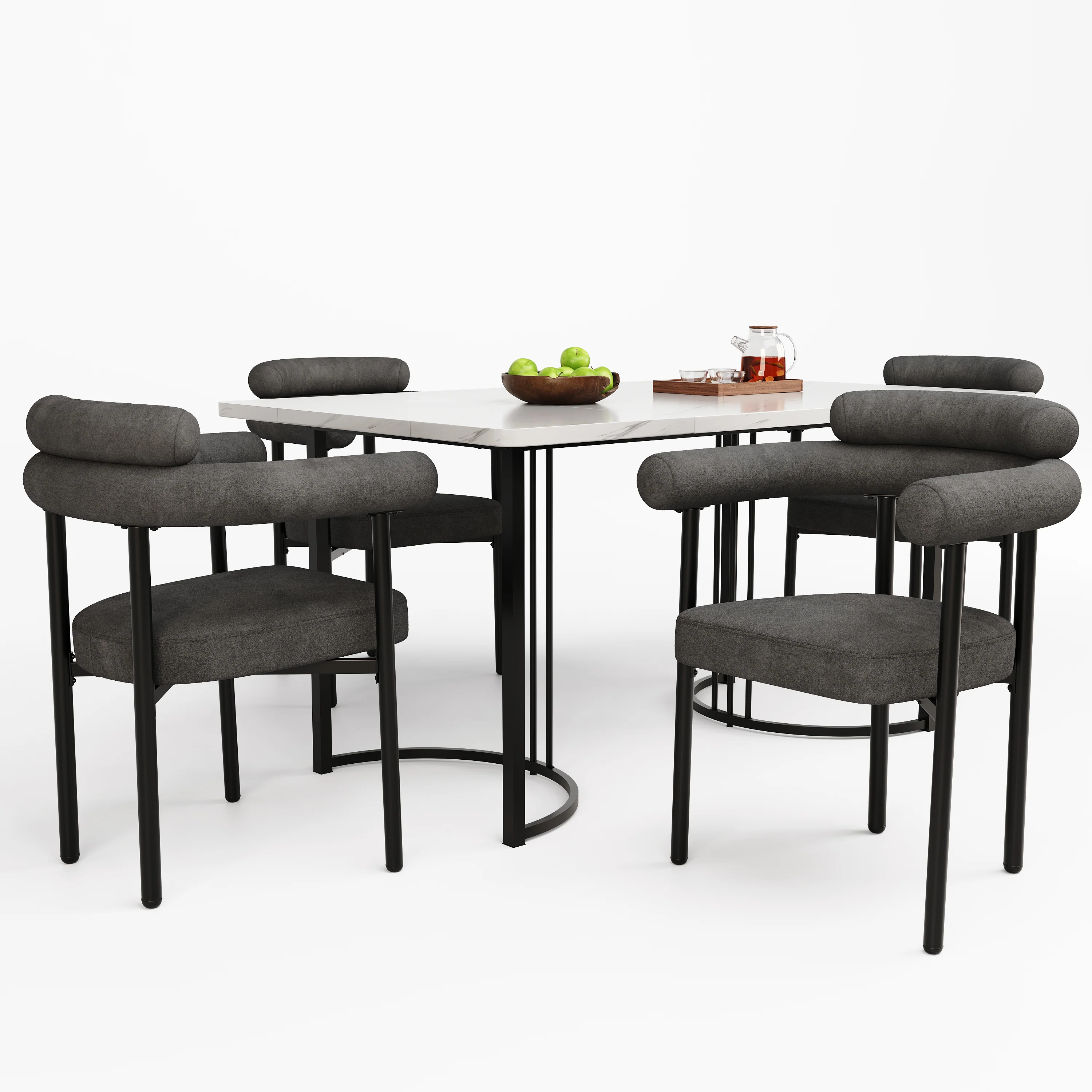 Dining Set (5-Piece) - 4 Armchairs, Designer Metal Legs - Grey Suede - Image 2