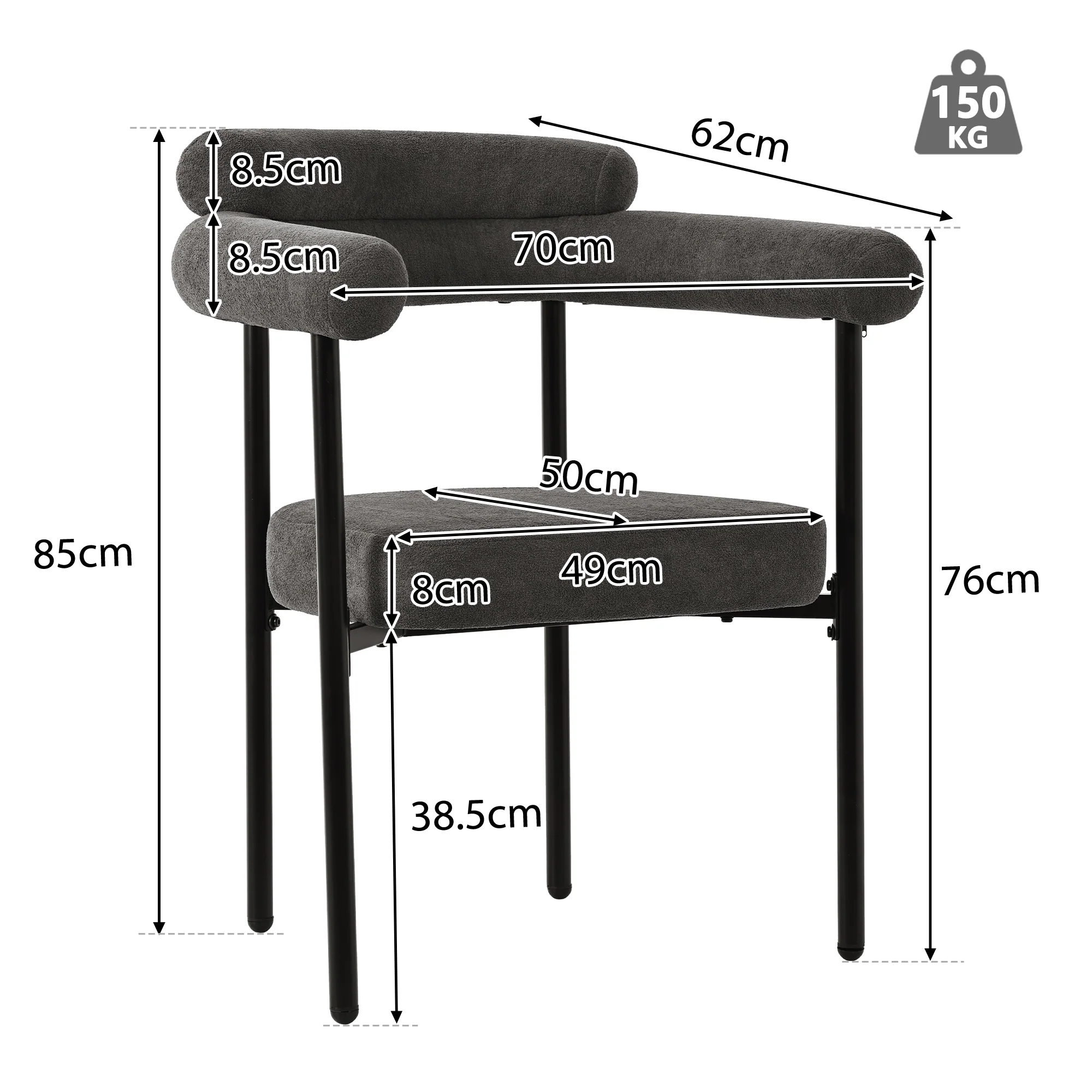 Dining Set (5-Piece) - 4 Armchairs, Designer Metal Legs - Grey Suede - Image 4