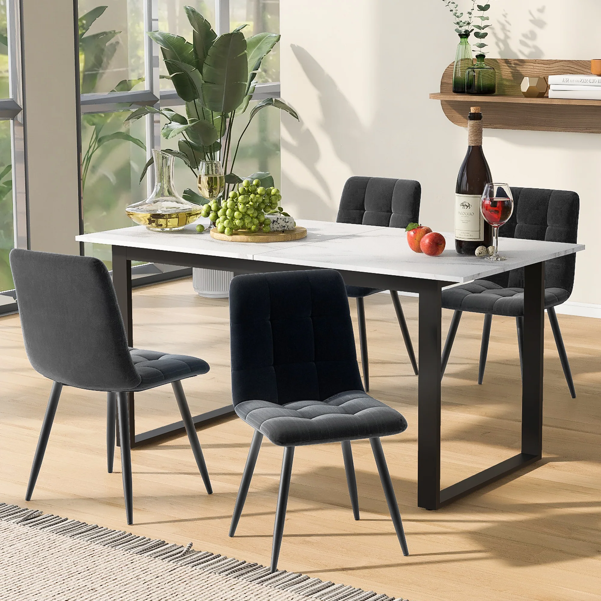 Dining Set 5-Piece, Extendable 140-180cm Table with 4 Modern Grey Velvet Chairs, White MDF Black Legs