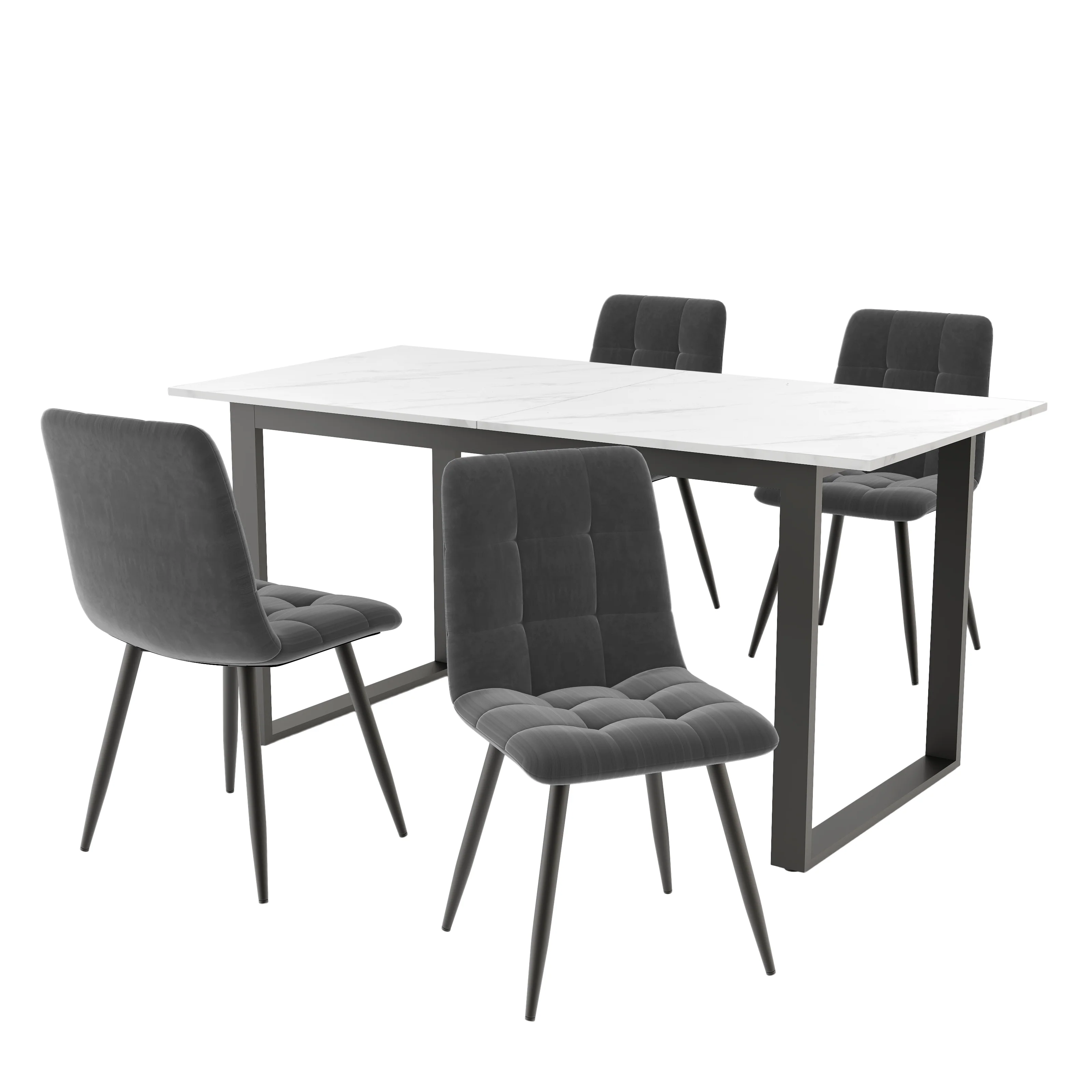 Dining Set 5-Piece, Extendable 140-180cm Table with 4 Modern Grey Velvet Chairs, White MDF Black Legs - Image 3