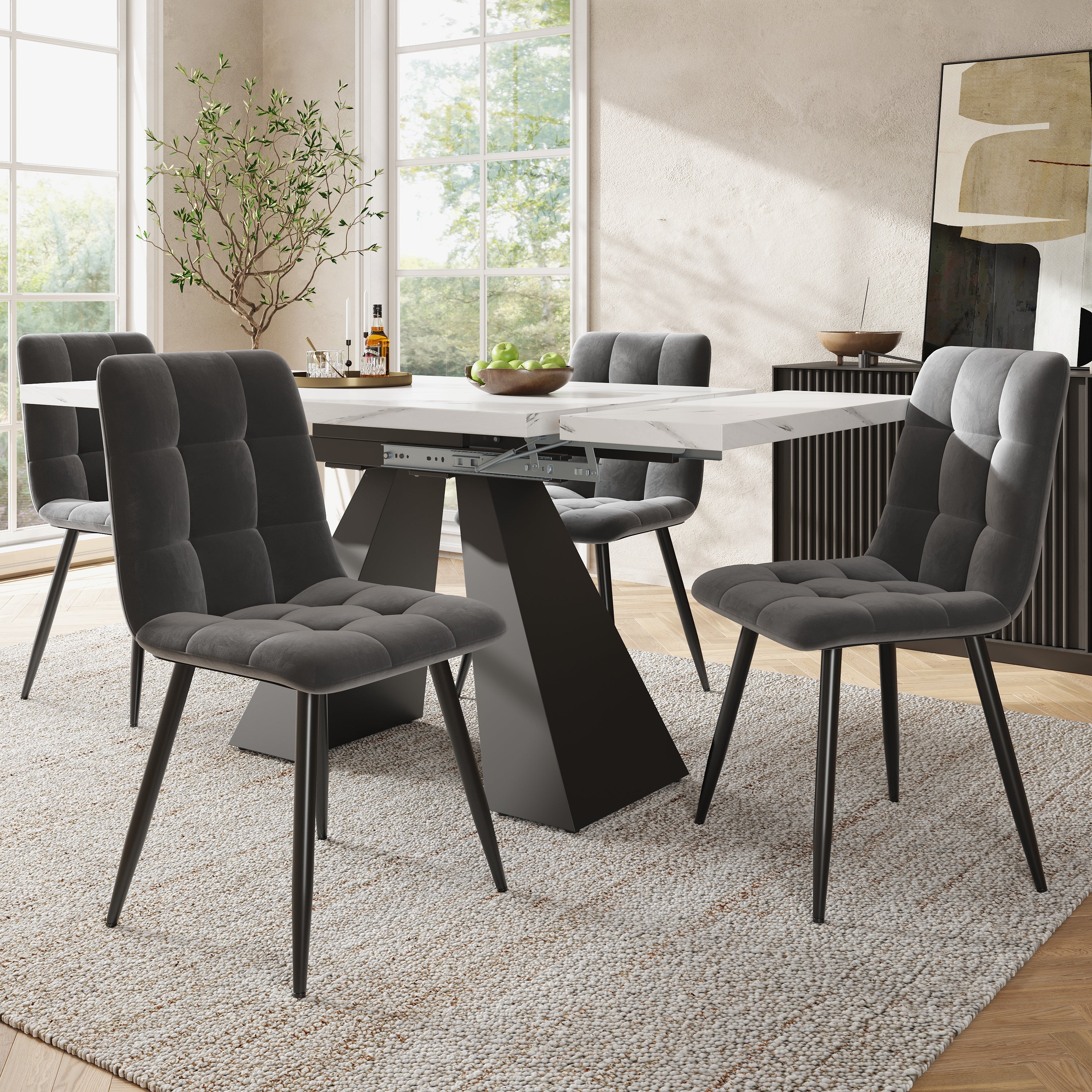 Dining Set 5-Piece Extendable Marble Effect 4 Velvet Chairs - Grey/Black