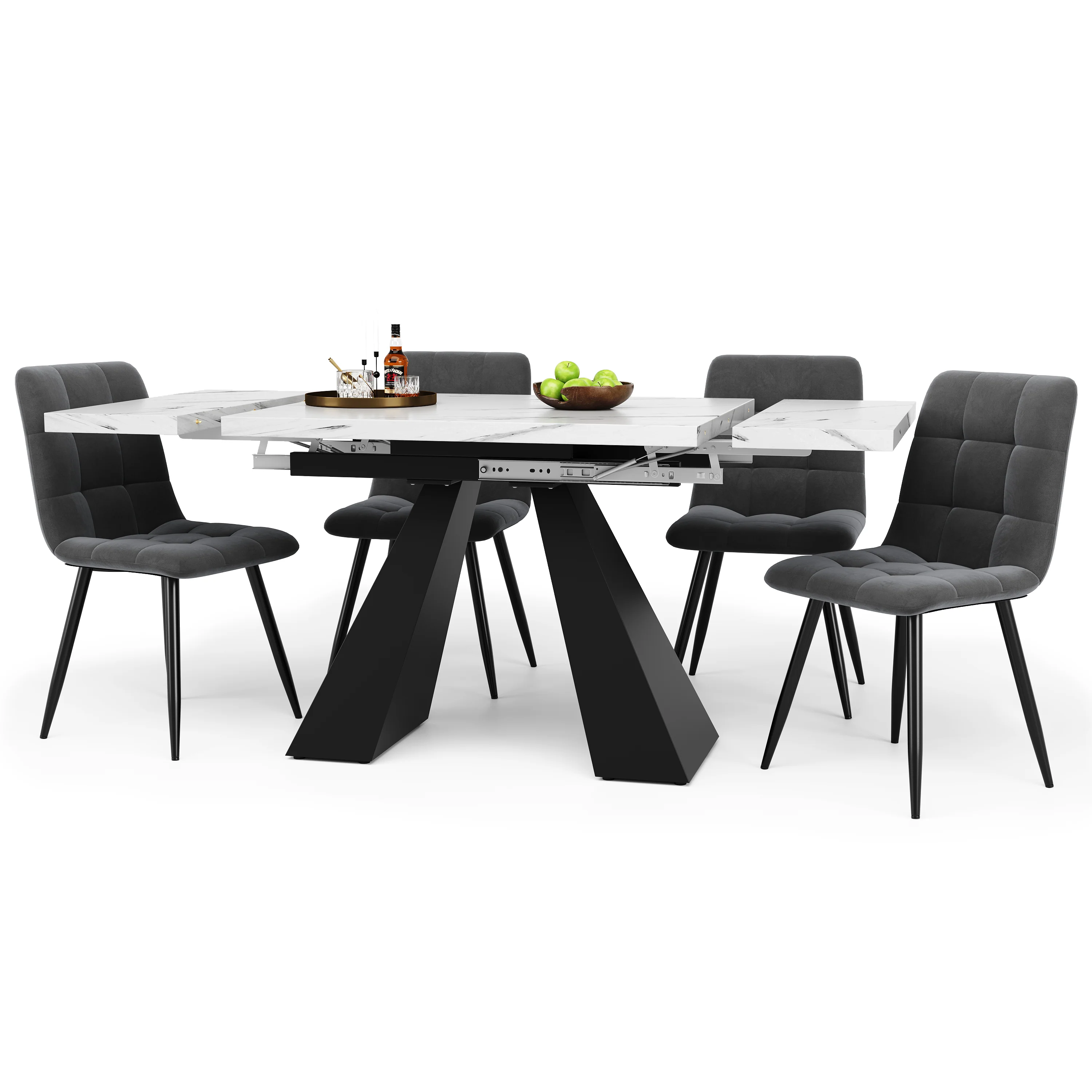 Dining Set 5-Piece Extendable Marble Effect 4 Velvet Chairs - Grey/Black - Image 2