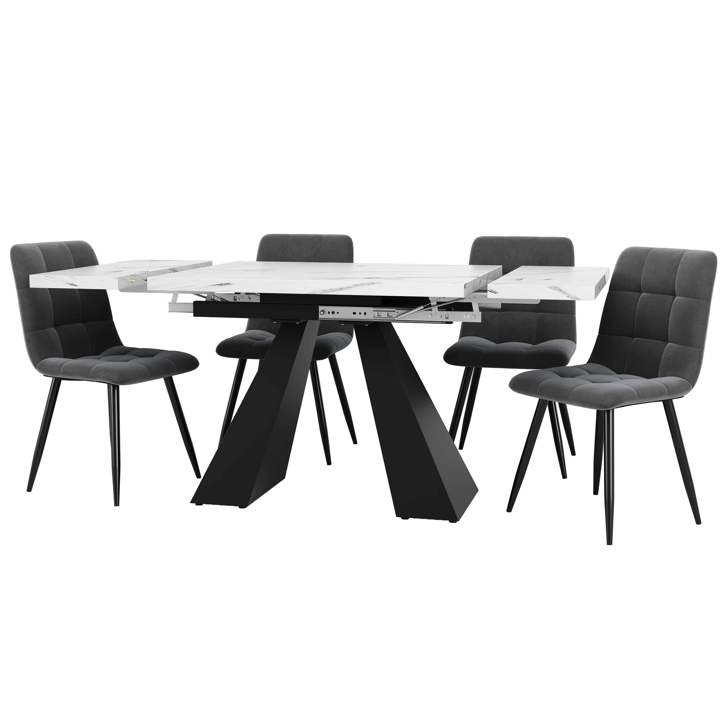 Dining Set 5-Piece Extendable Marble Effect 4 Velvet Chairs - Grey/Black - Image 3