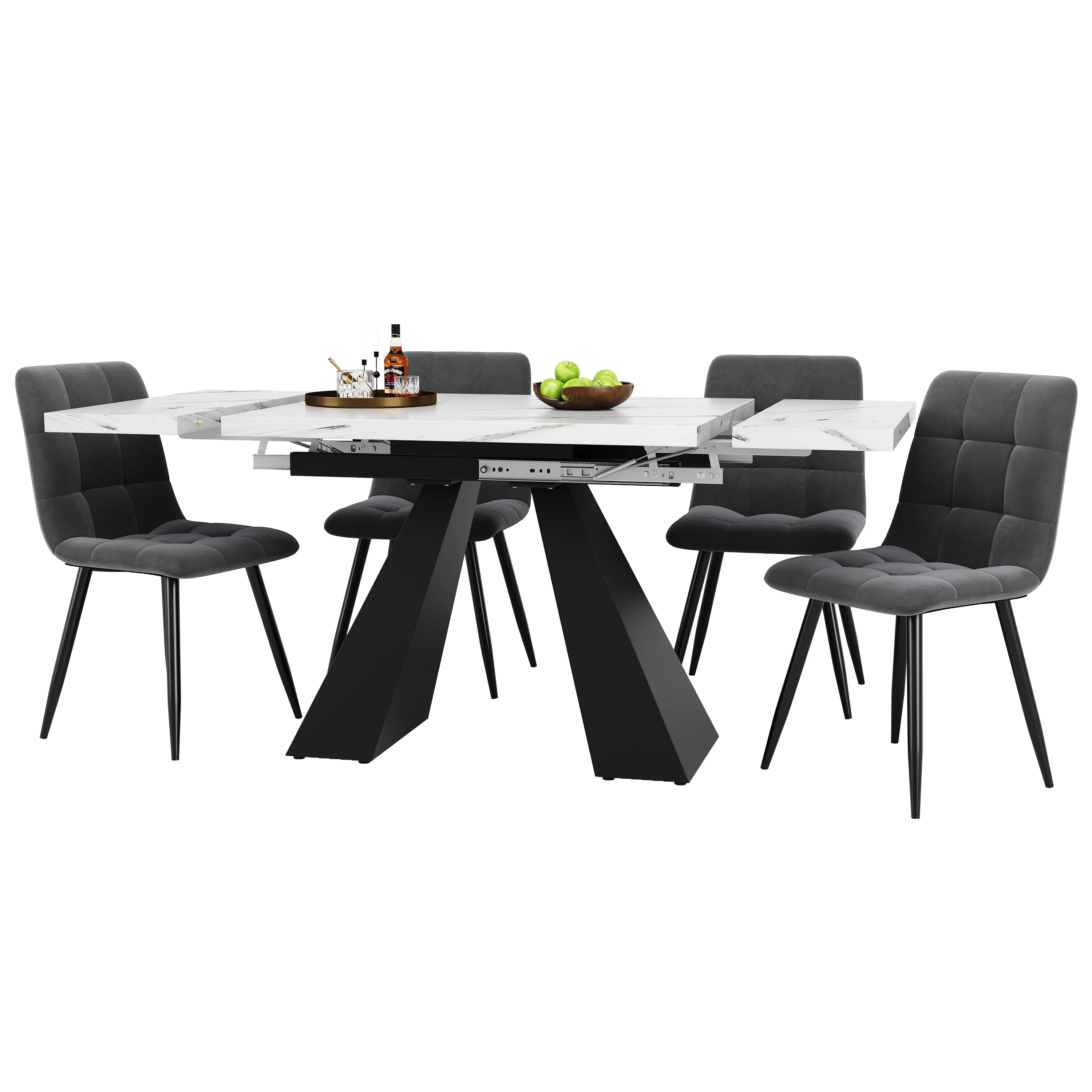 Dining Set 5-Piece Extendable Marble Effect 4 Velvet Chairs - Grey/Black - Image 4
