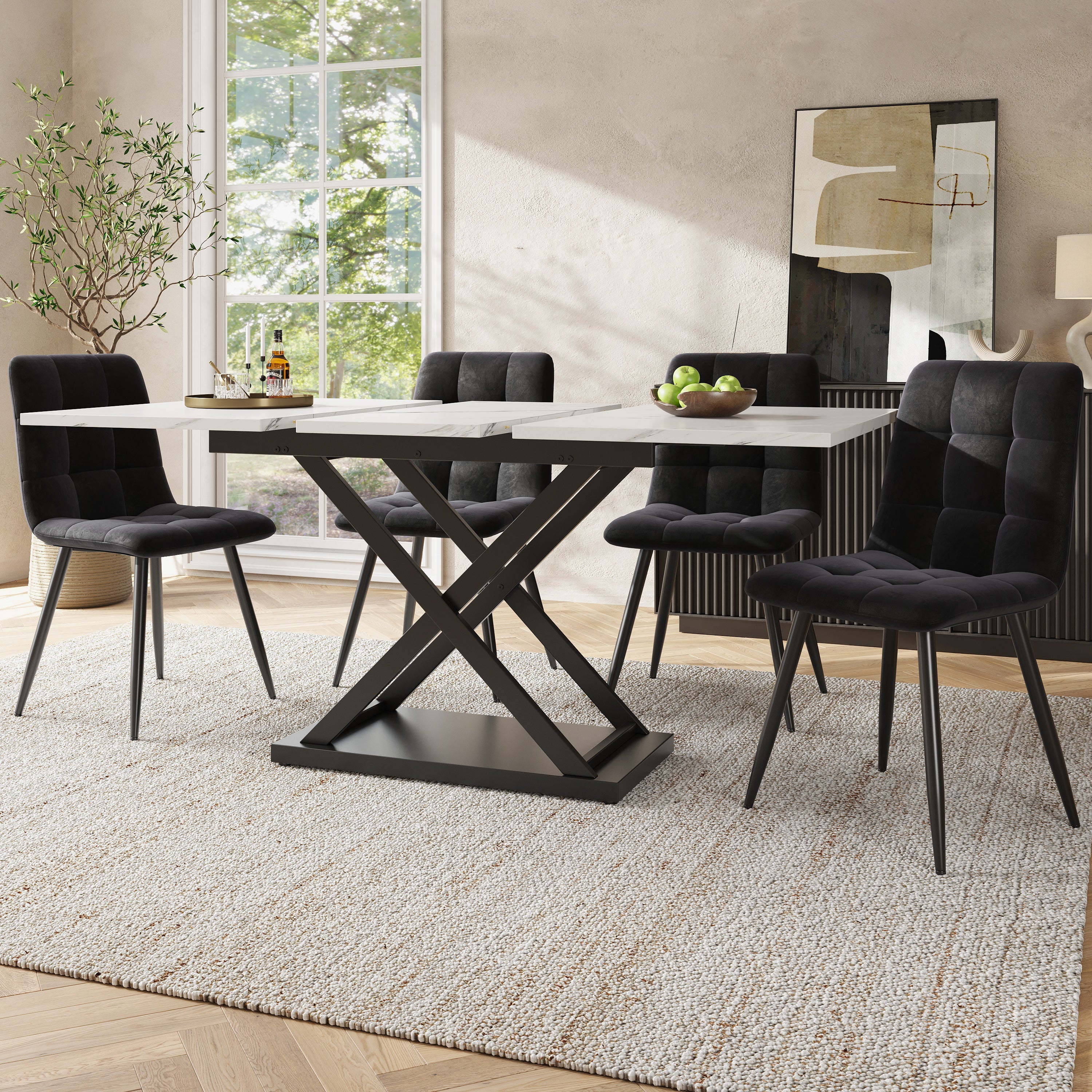 Dining Set 5-Piece Extendable Table 160cm 4 Chairs - White Marble/Black Velvet - Image 2