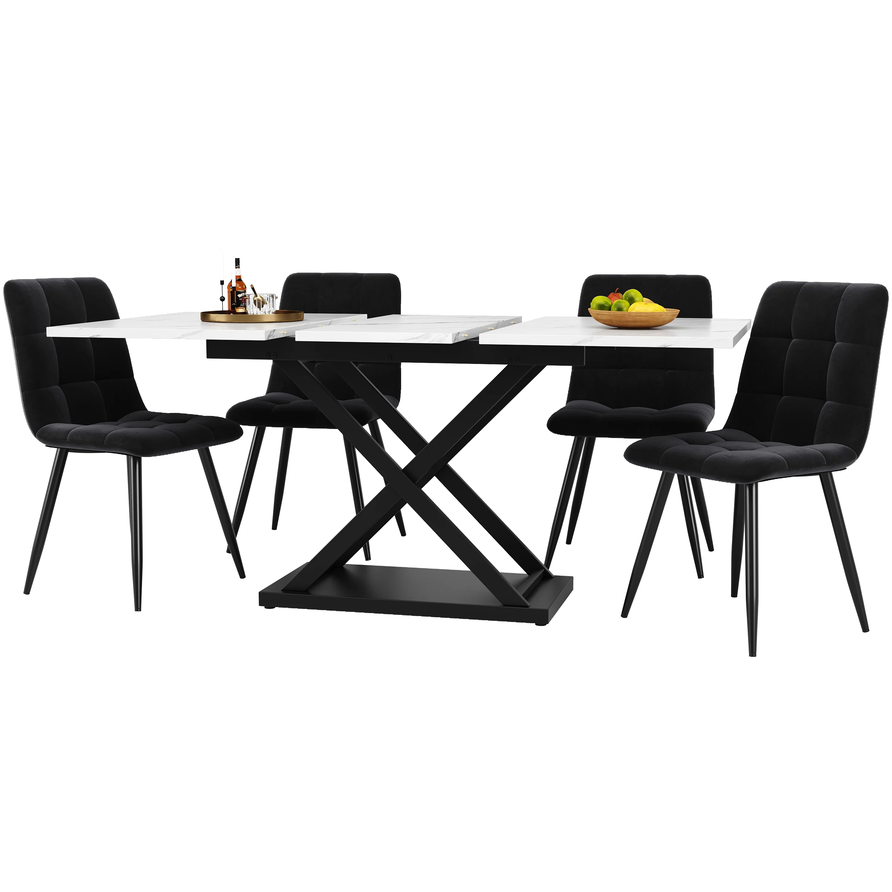 Dining Set 5-Piece Extendable Table 160cm 4 Chairs - White Marble/Black Velvet - Image 3
