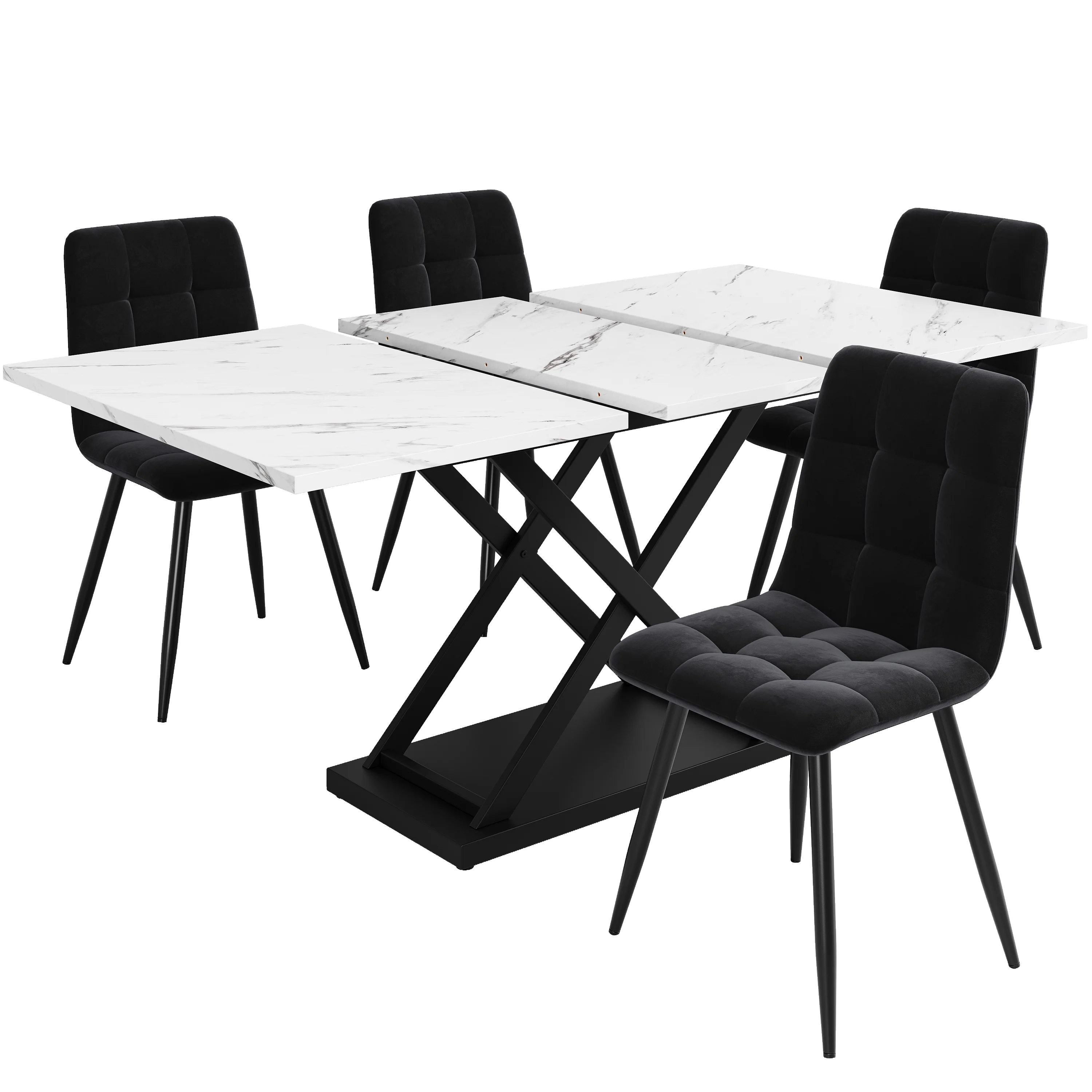 Dining Set 5-Piece Extendable Table 160cm 4 Chairs - White Marble/Black Velvet - Image 4