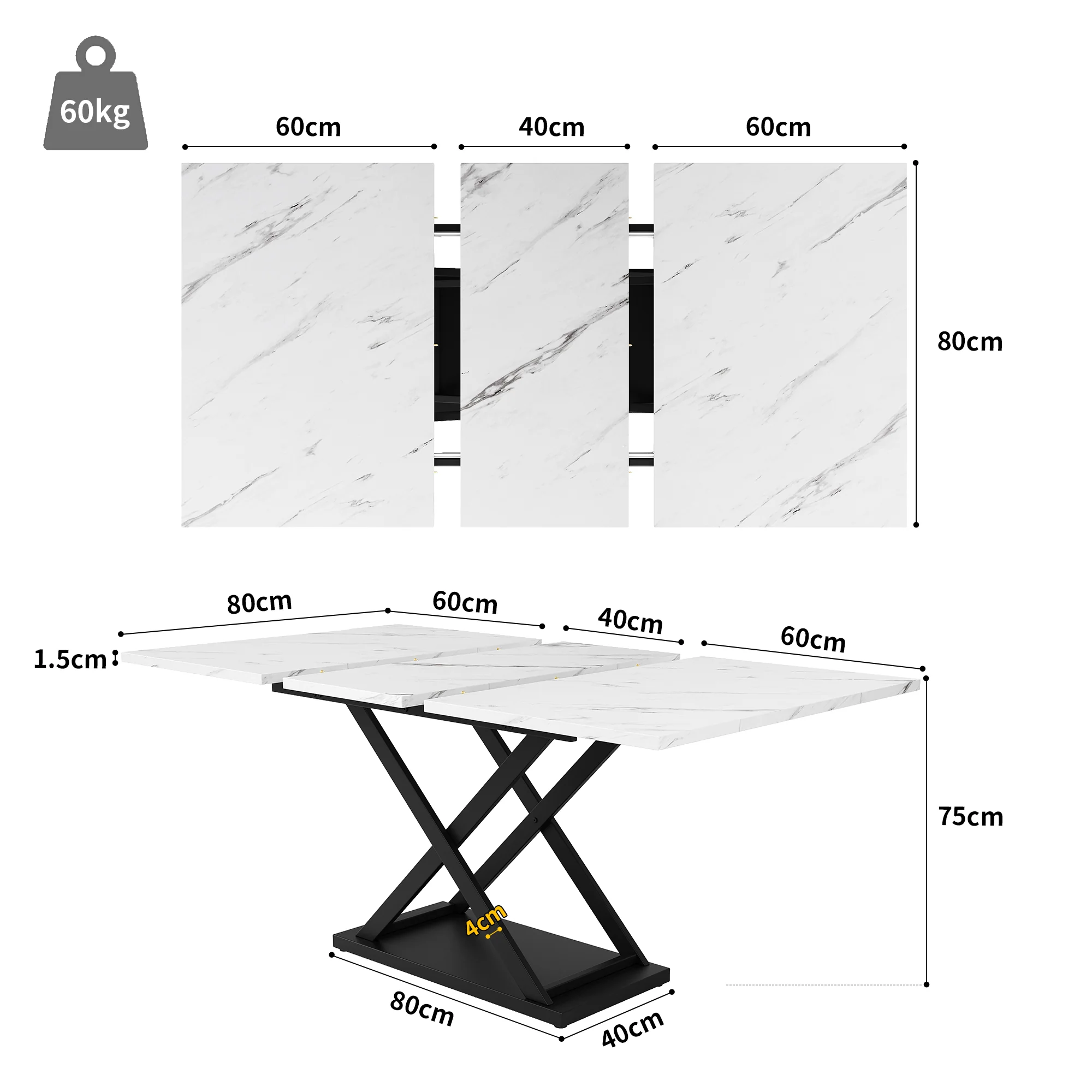Dining Set 5-Piece Extendable Table 160cm 4 Chairs - White Marble/Black Velvet - Image 5