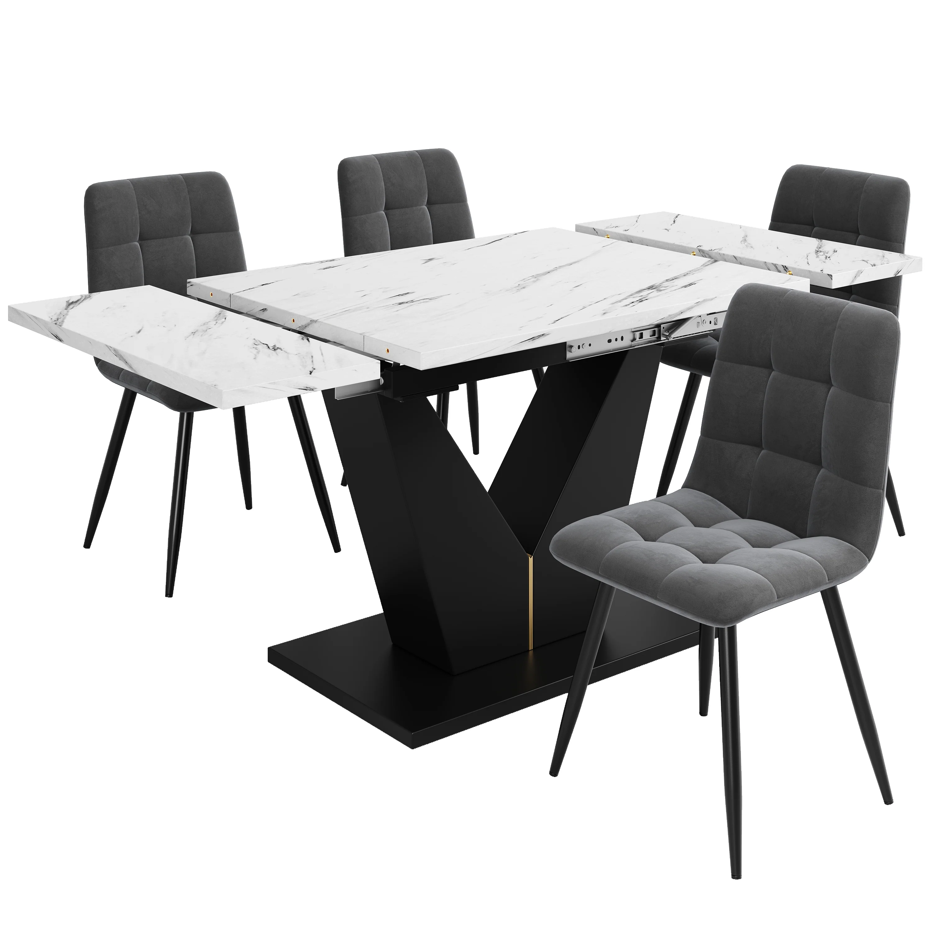Dining Set 5-Piece Extendable Table 4 Velvet Chairs - White Marble/Grey - Image 6