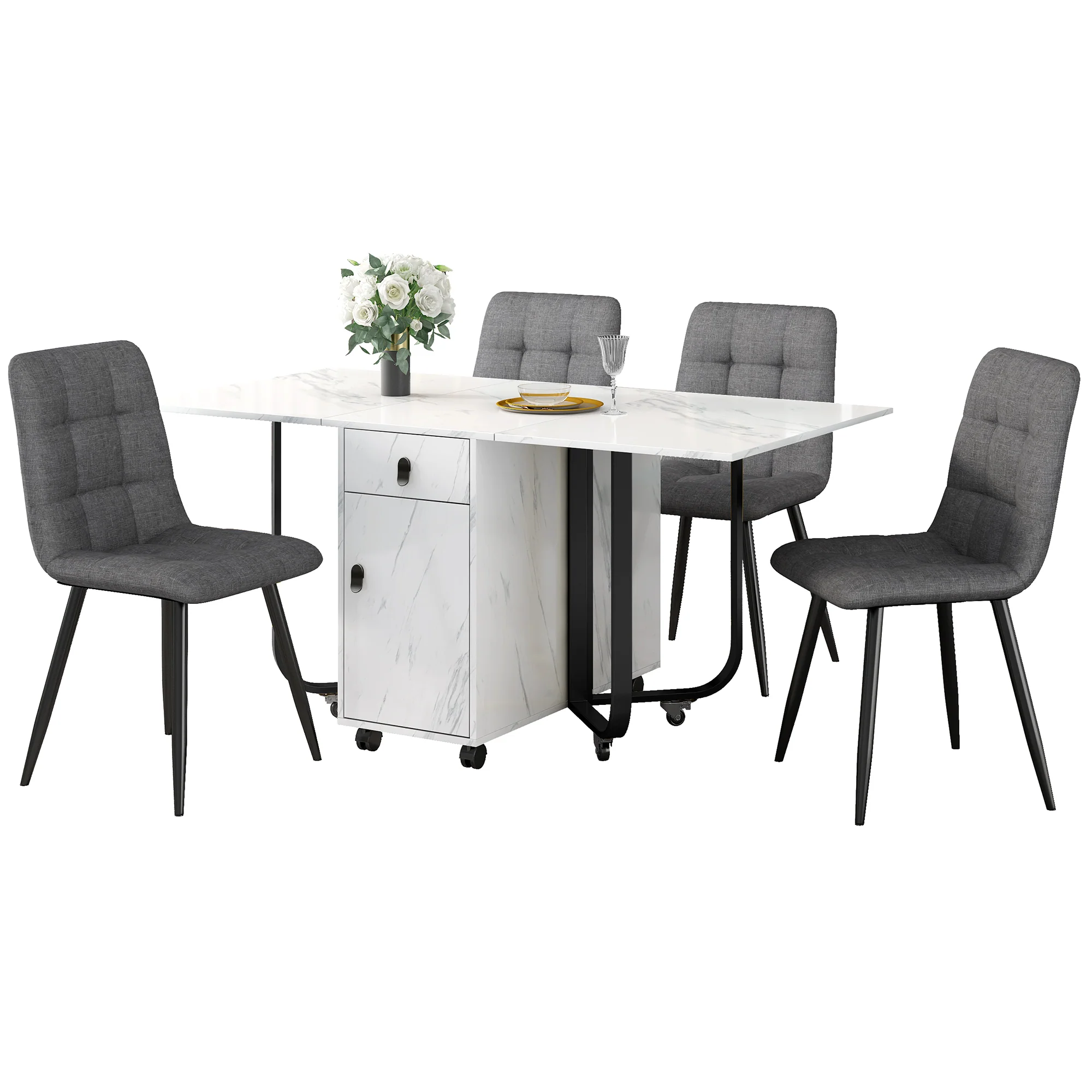 Dining Set 5-Piece Folding Kitchen Table Upholstered Linen Chair White MDF/Black Legs - Image 3