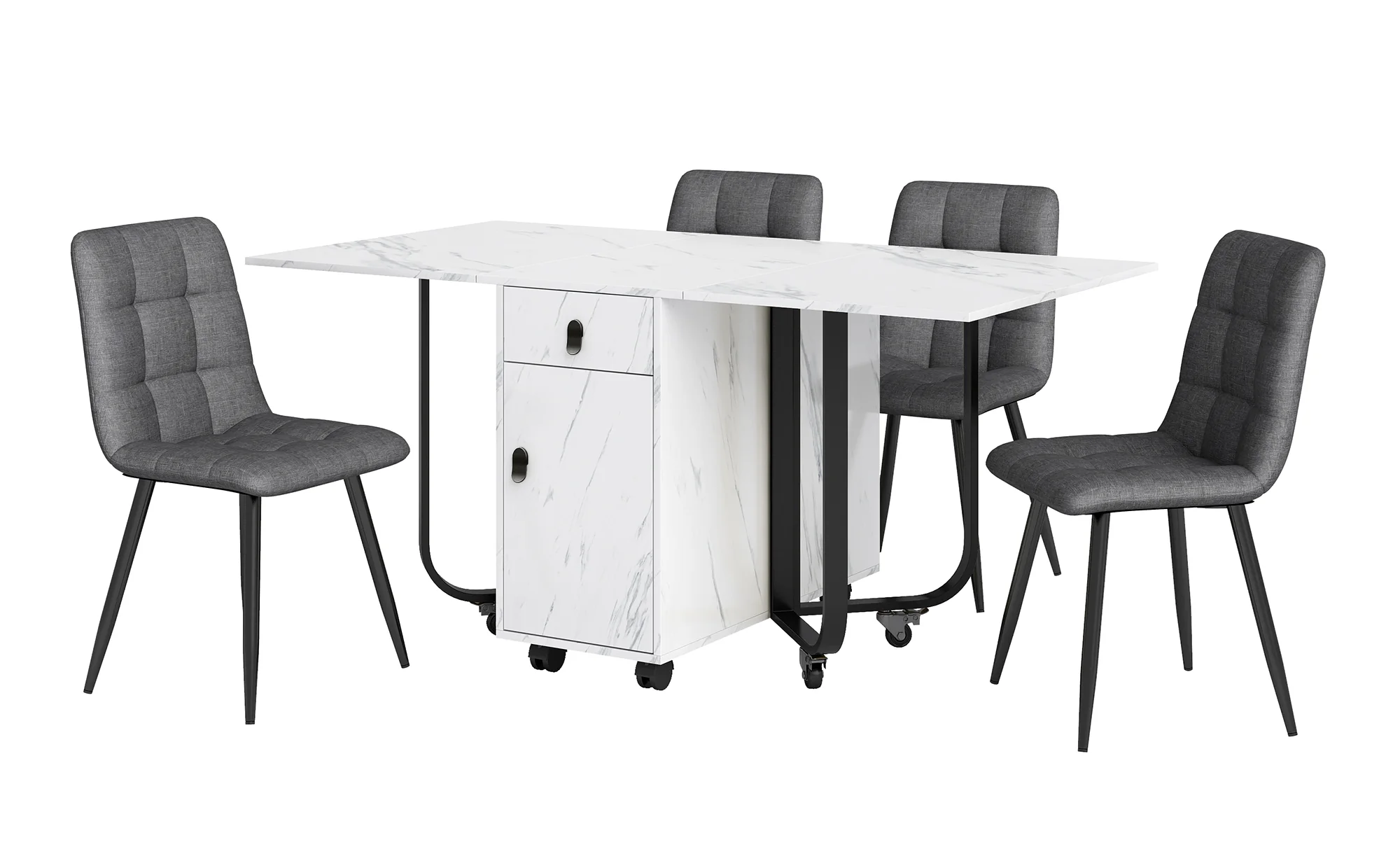 Dining Set 5-Piece Folding Kitchen Table Upholstered Linen Chair White MDF/Black Legs - Image 6