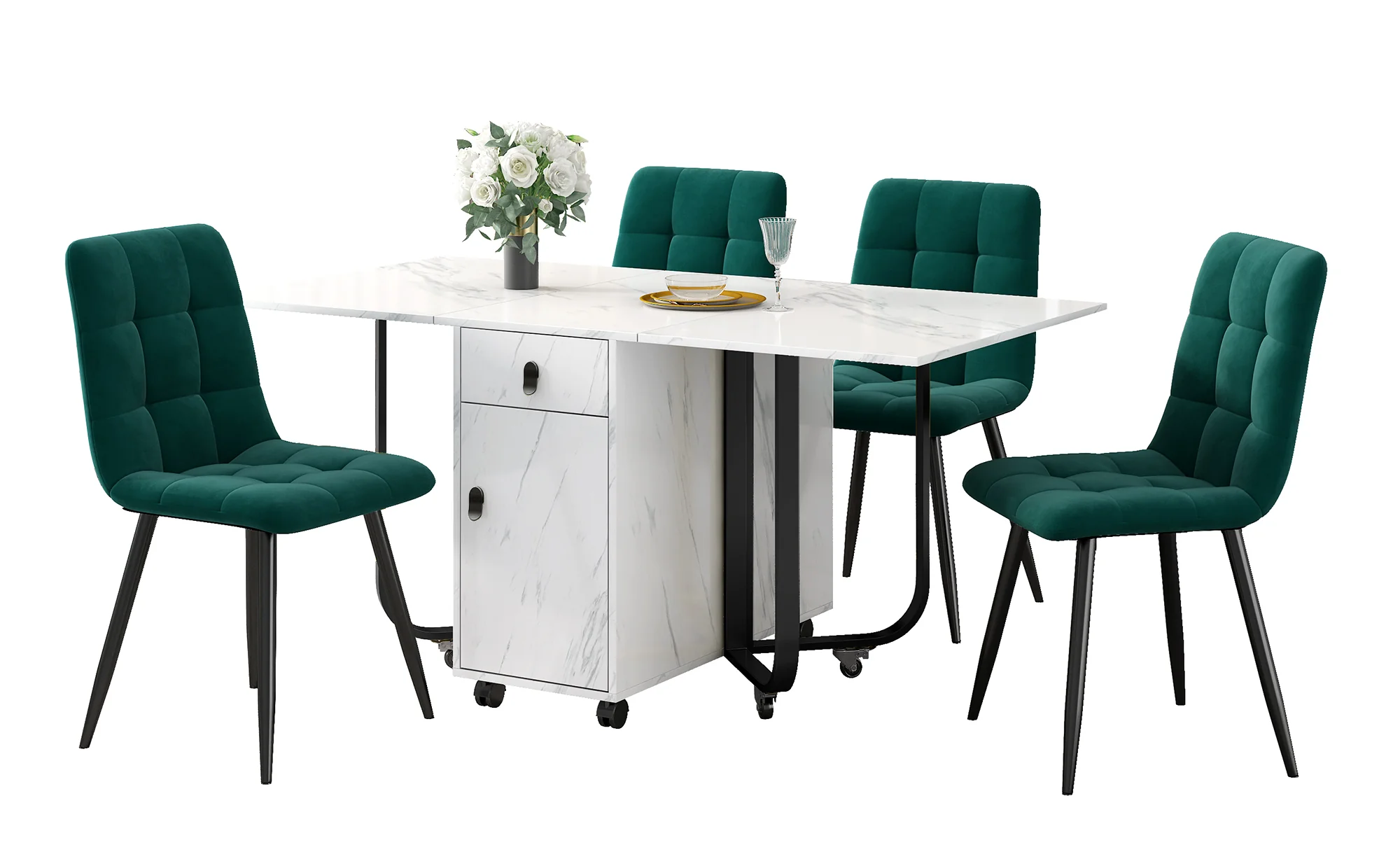Dining Set 5-Piece Folding Kitchen Table Velvet Chairs White MDF Black - Image 4