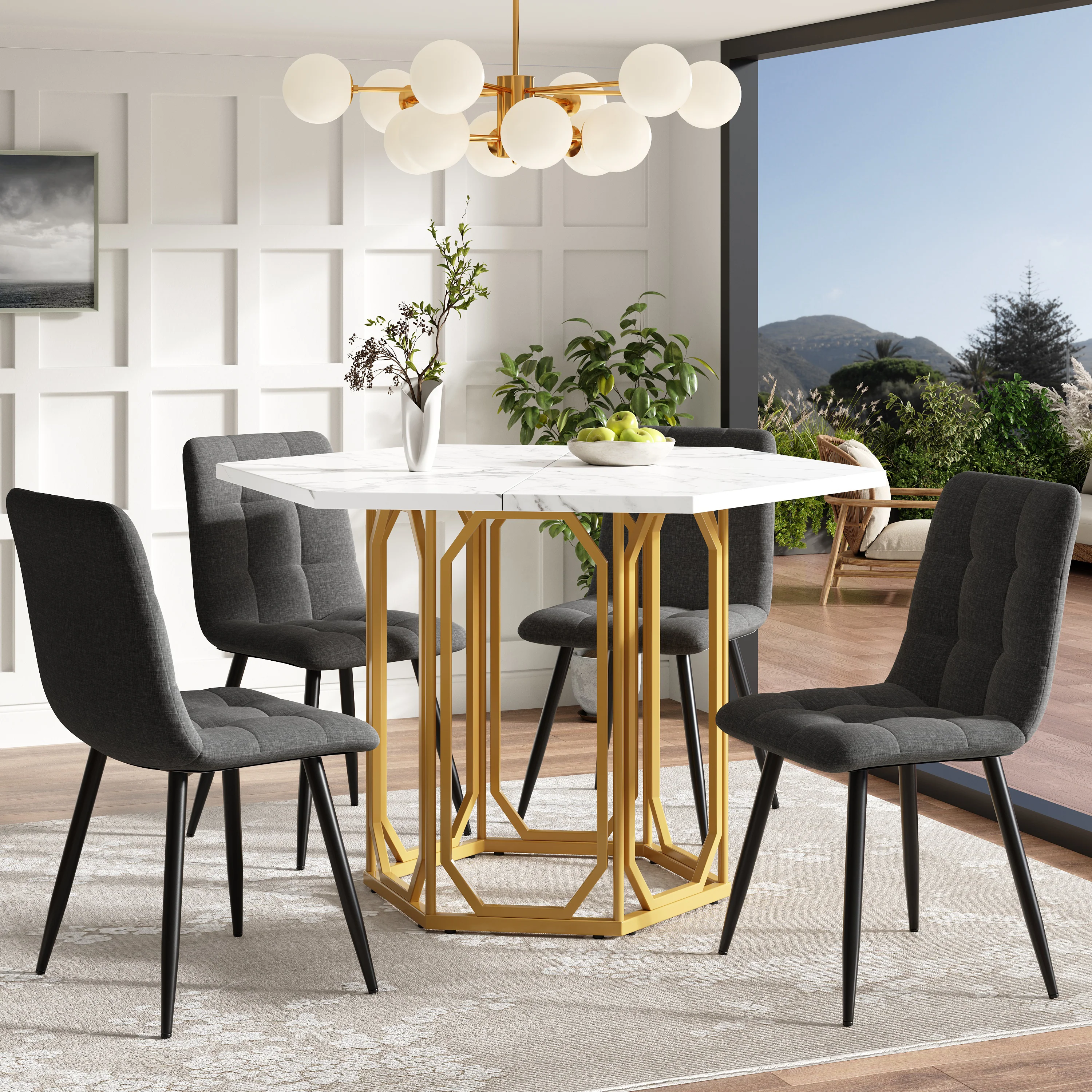 Dining Set 5-Piece Hexagonal Marble Top - Grey