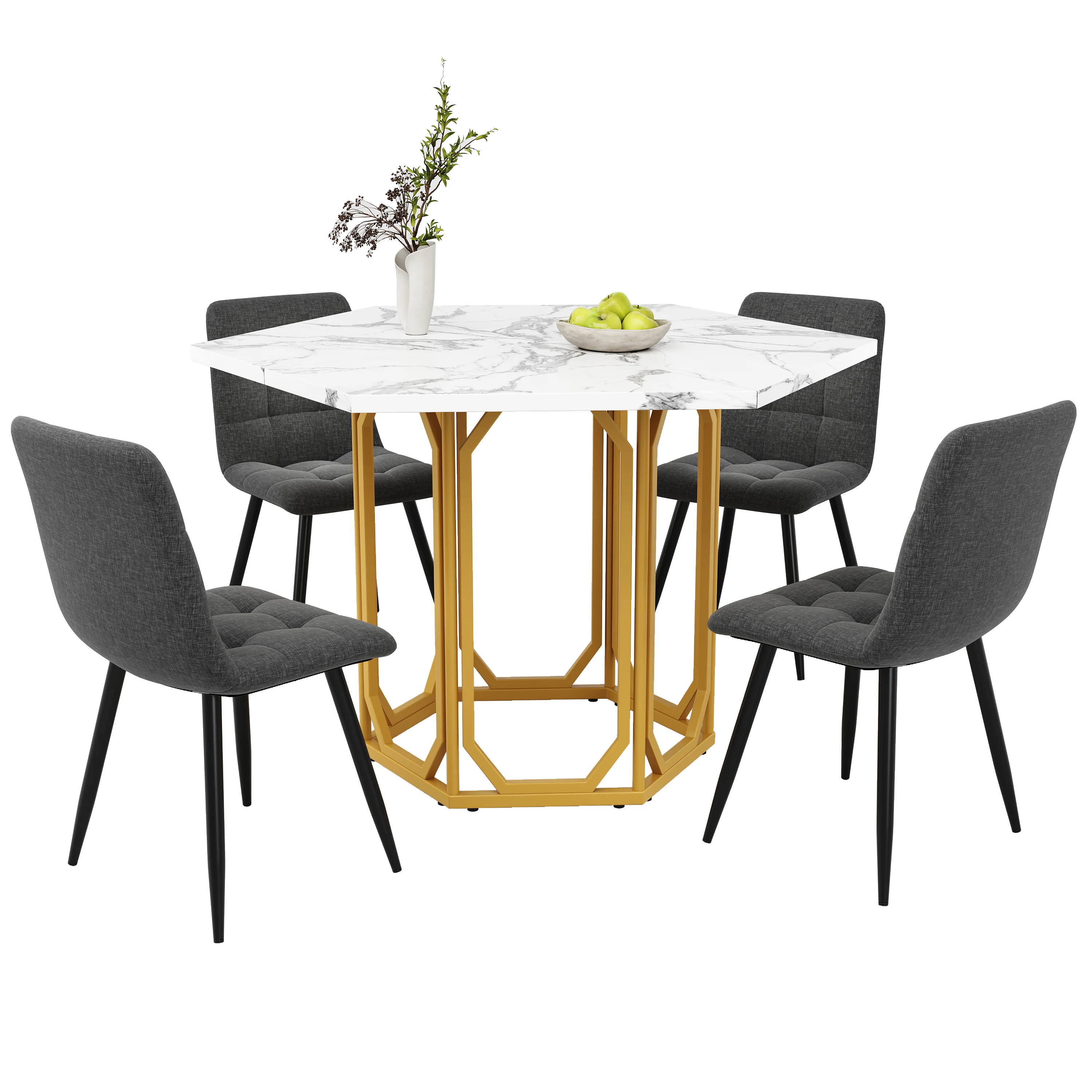 Dining Set 5-Piece Hexagonal Marble Top - Grey - Image 5