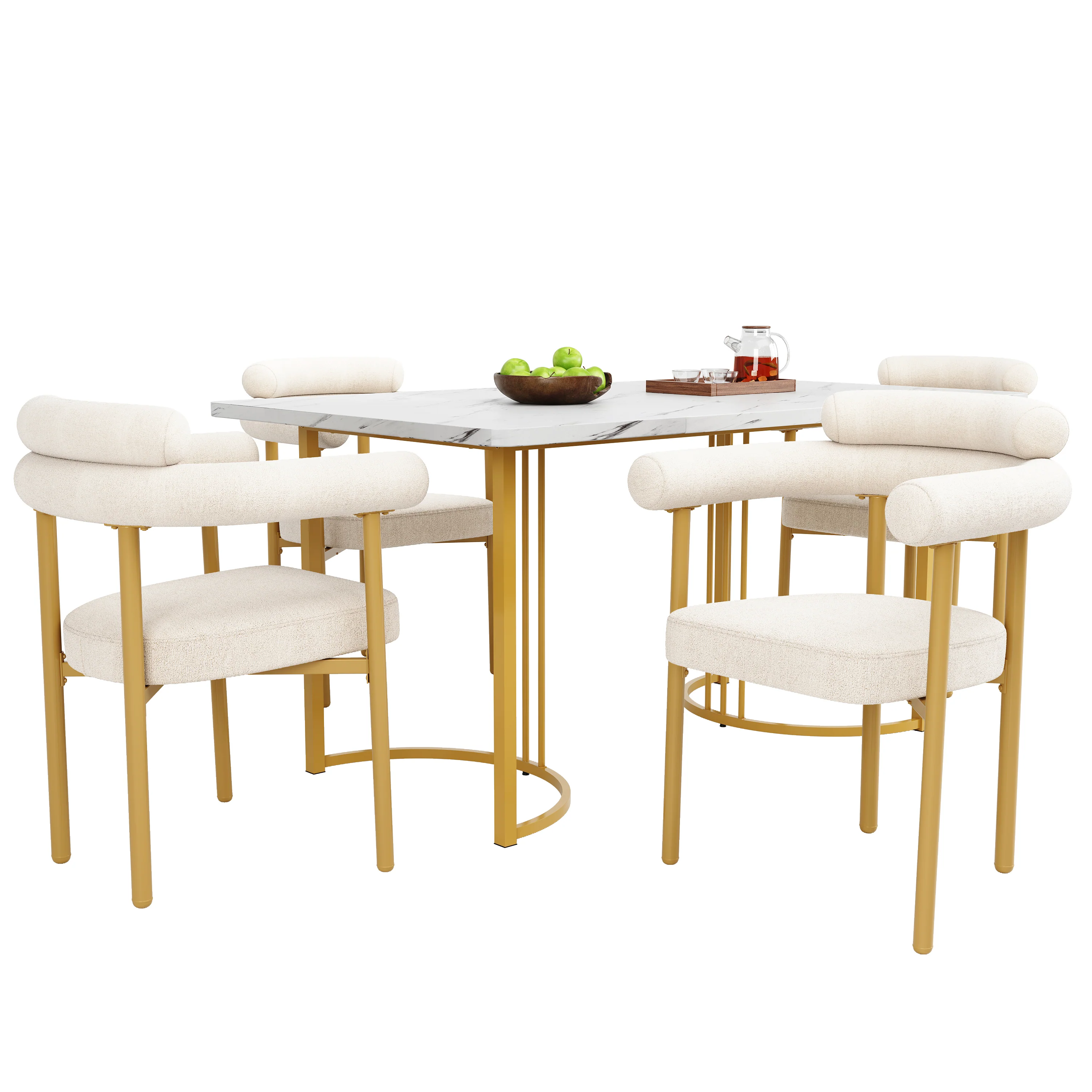 Dining Set 5-Piece Metal Leg Table 4 Hollow Armchairs - Gold Suede Fabric - Image 2