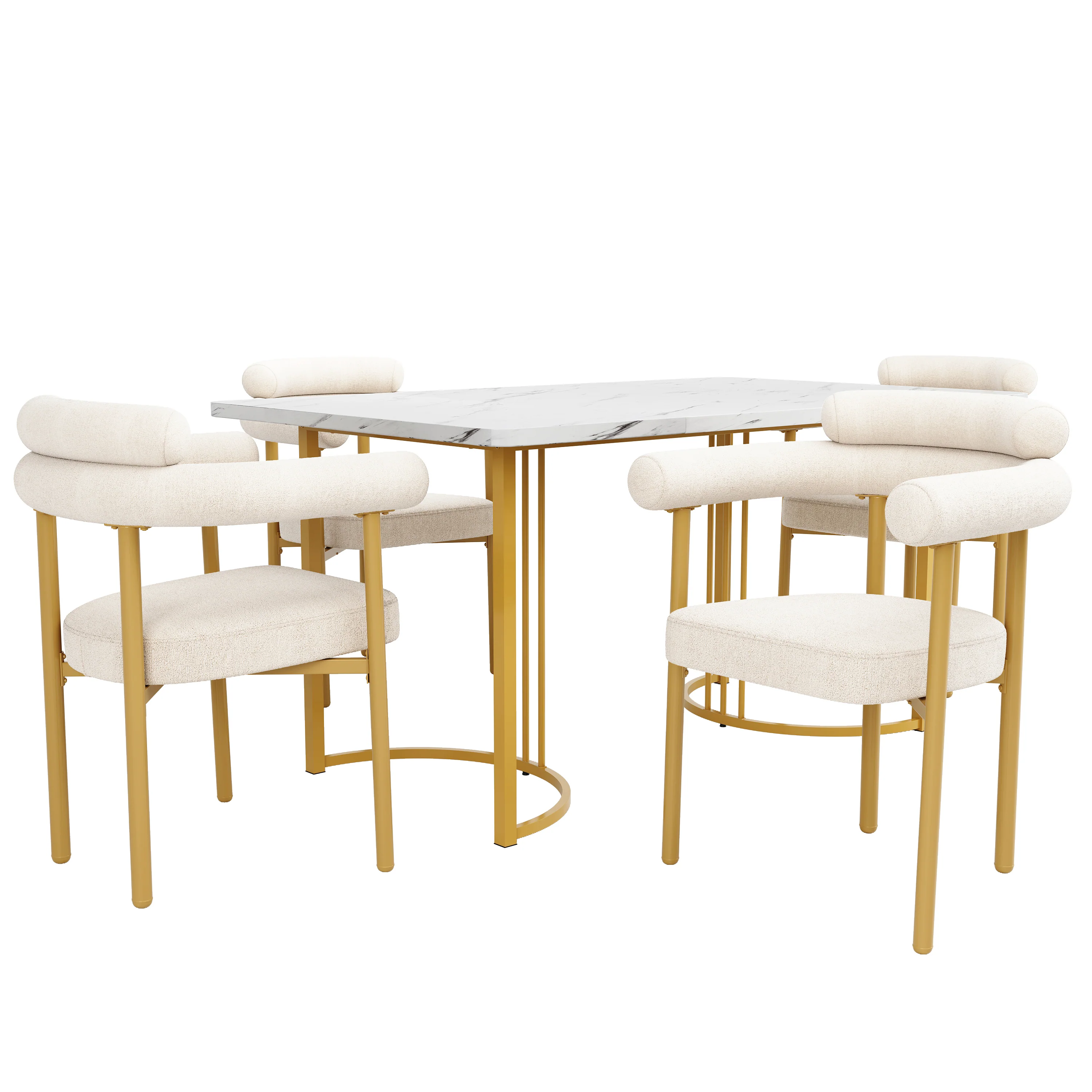 Dining Set 5-Piece Metal Leg Table 4 Hollow Armchairs - Gold Suede Fabric - Image 3
