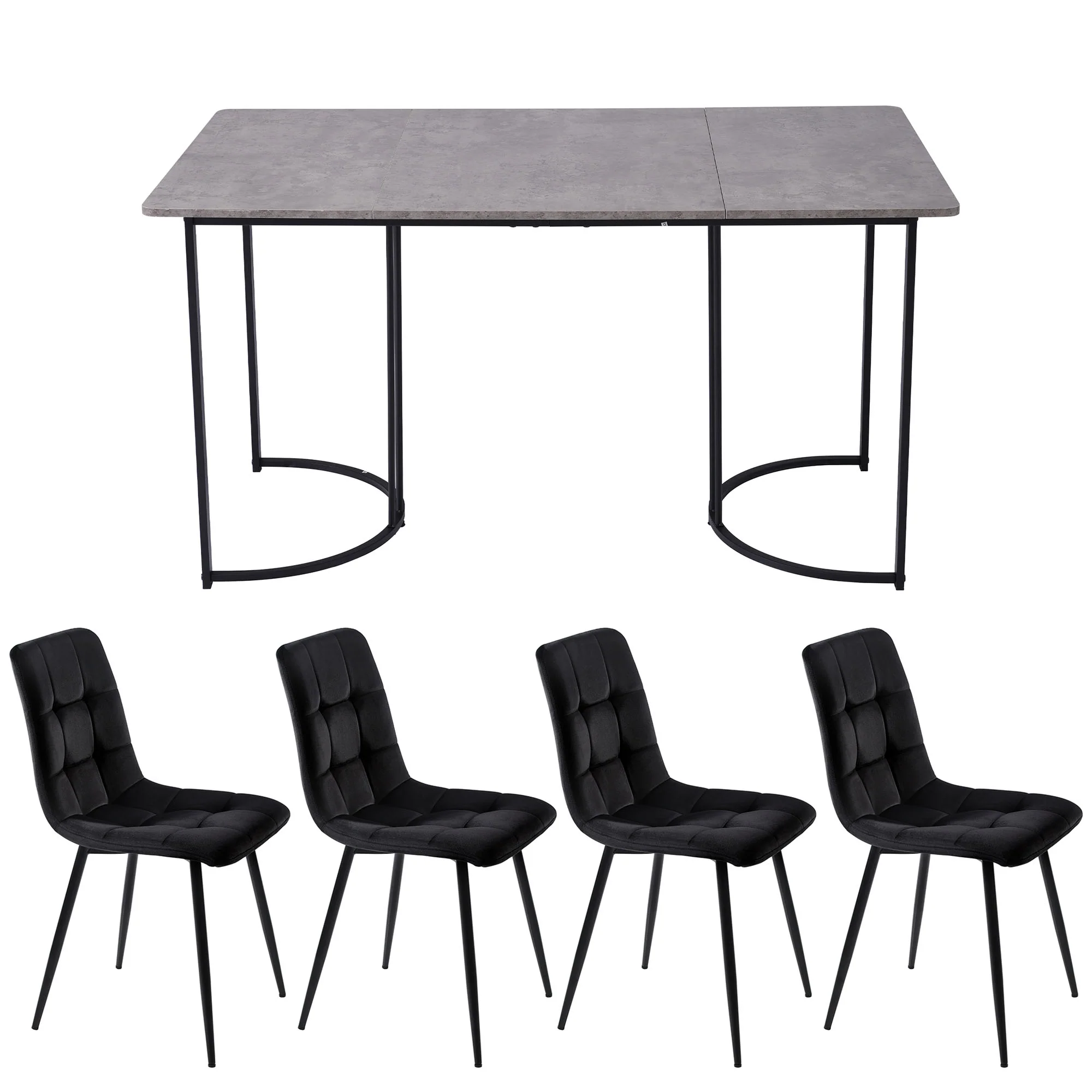 Dining Set 5-Piece, Modern 140x80cm Table Black Metal Legs & 4 Velvet Chairs, Grey/Black MDF - Image 5