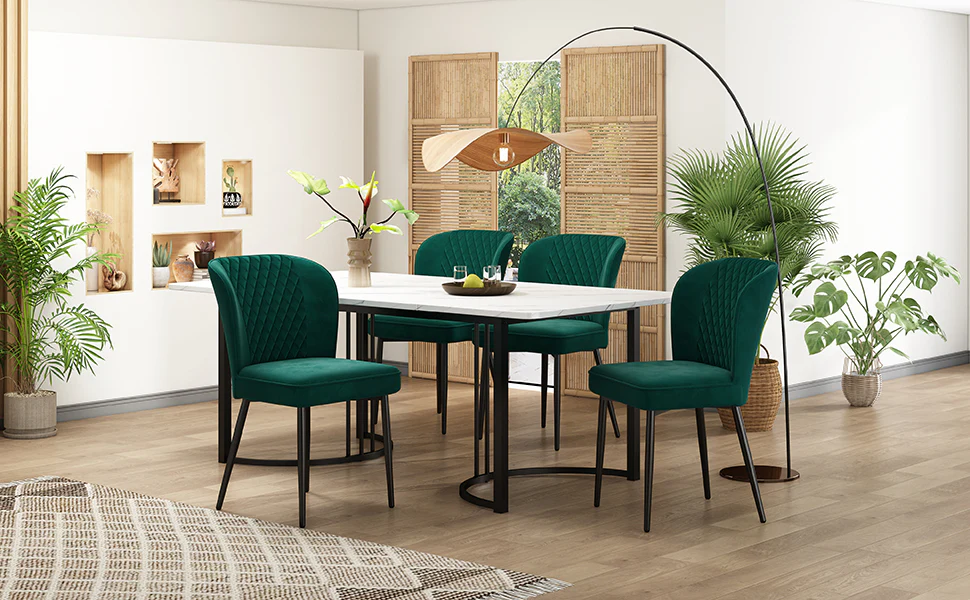 Dining Set 5-Piece Modern 140x80cm Table White MDF with 4 Upholstered Chairs, Dark Green Velvet / Black - Image 2