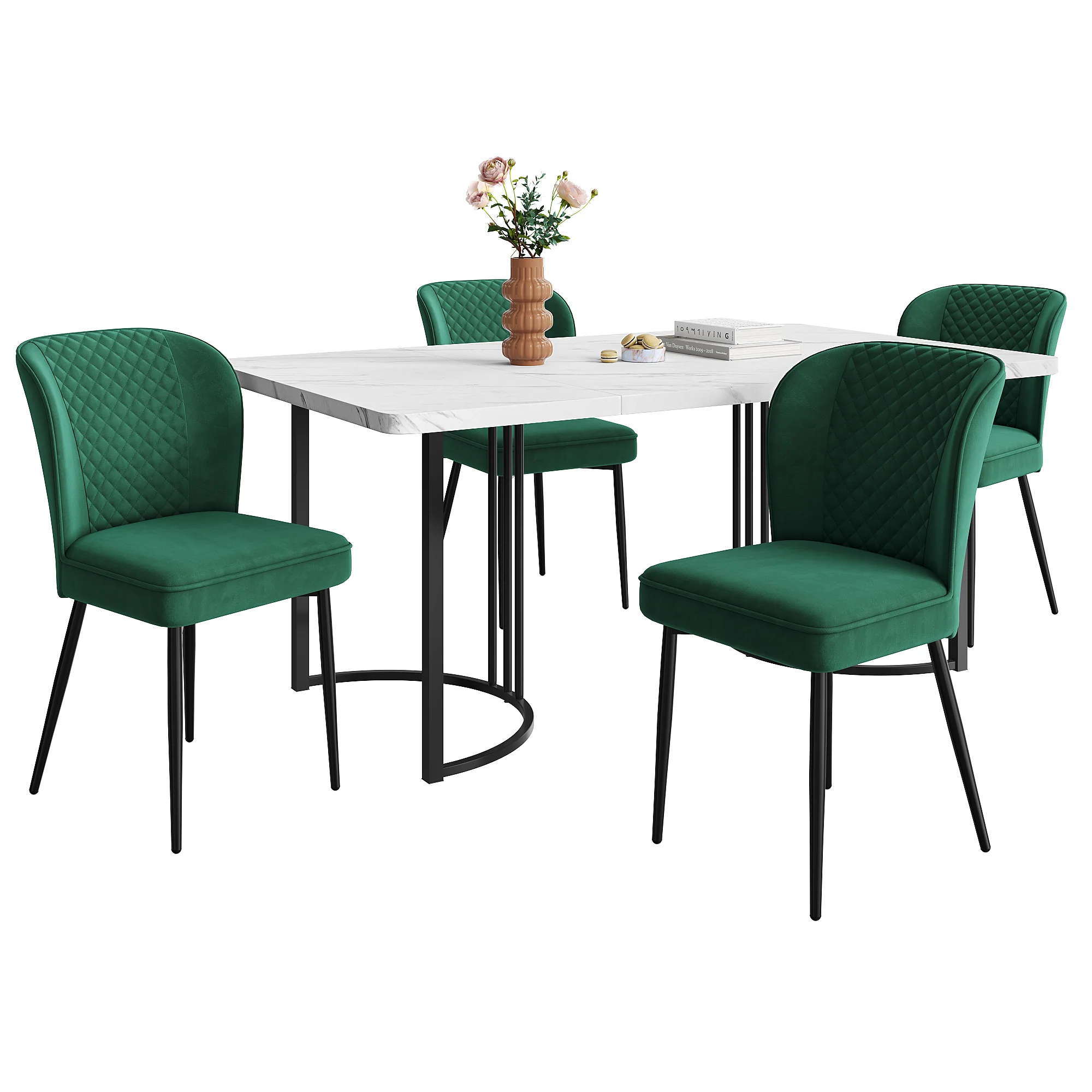 Dining Set 5-Piece Modern 140x80cm Table White MDF with 4 Upholstered Chairs, Dark Green Velvet / Black - Image 3