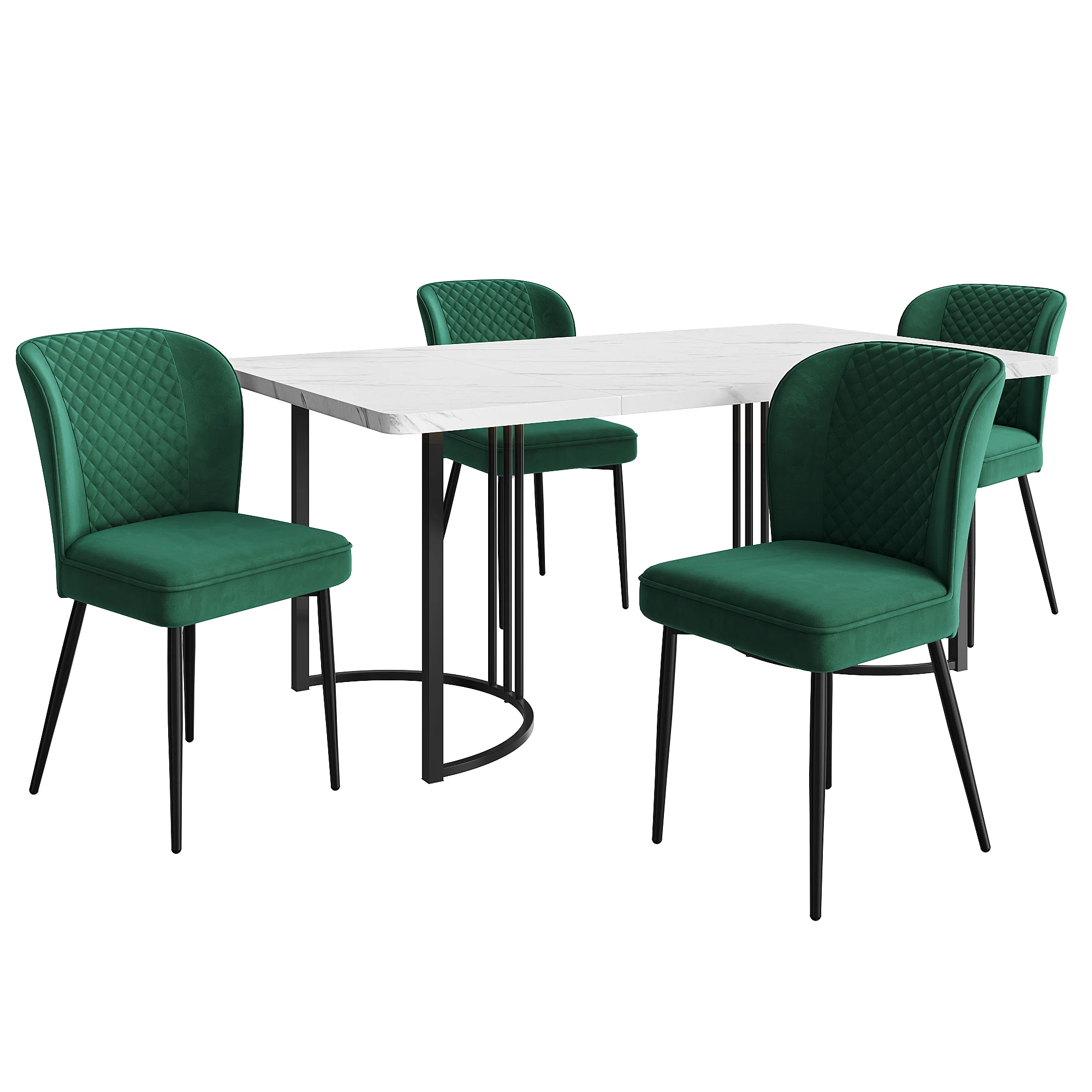 Dining Set 5-Piece Modern 140x80cm Table White MDF with 4 Upholstered Chairs, Dark Green Velvet / Black - Image 4