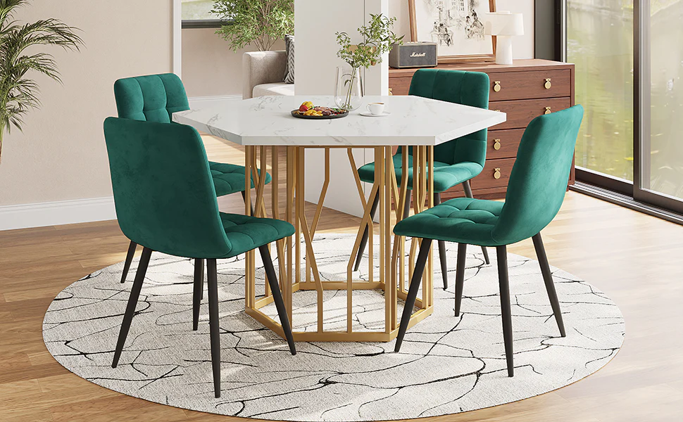 Dining Set (5-Piece) Modern Hexagonal Marble Table 4 Green Velvet Chairs Gold Legs - Image 2