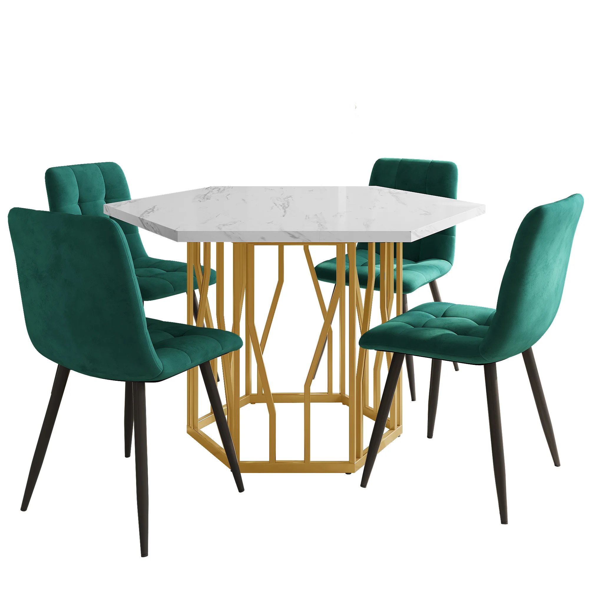 Dining Set (5-Piece) Modern Hexagonal Marble Table 4 Green Velvet Chairs Gold Legs - Image 3