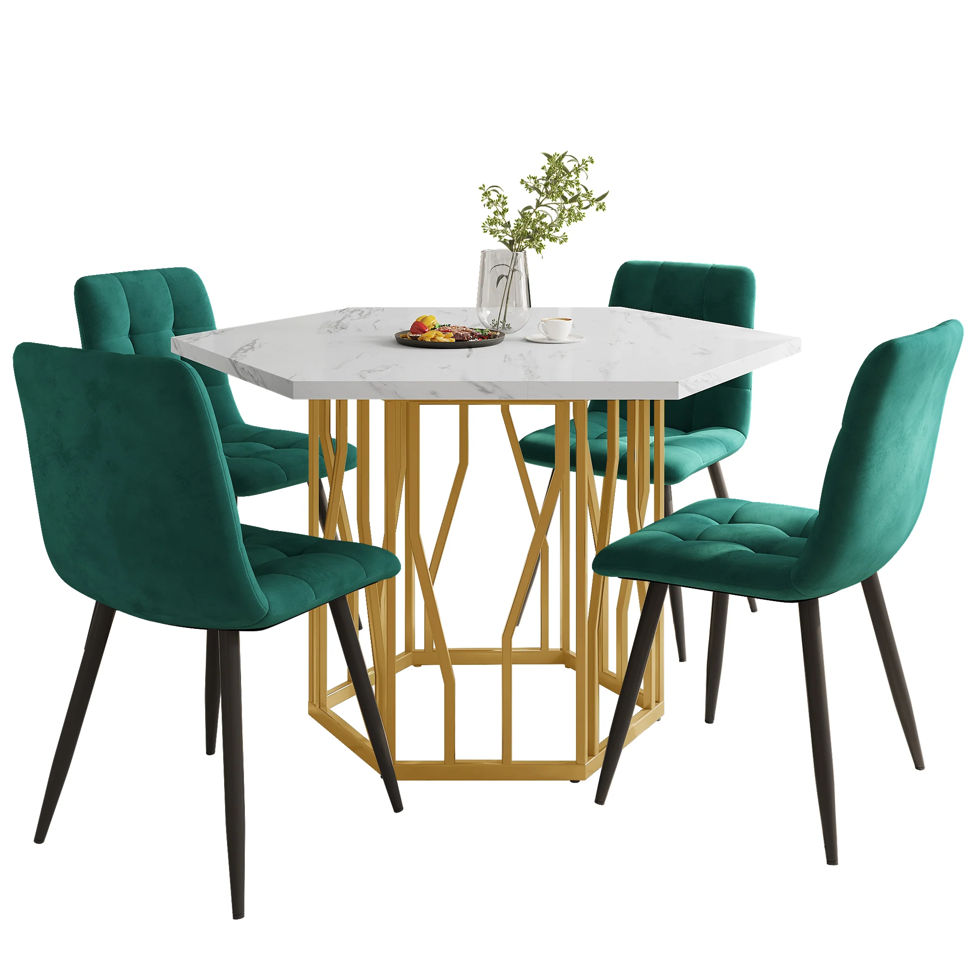 Dining Set (5-Piece) Modern Hexagonal Marble Table 4 Green Velvet Chairs Gold Legs - Image 4