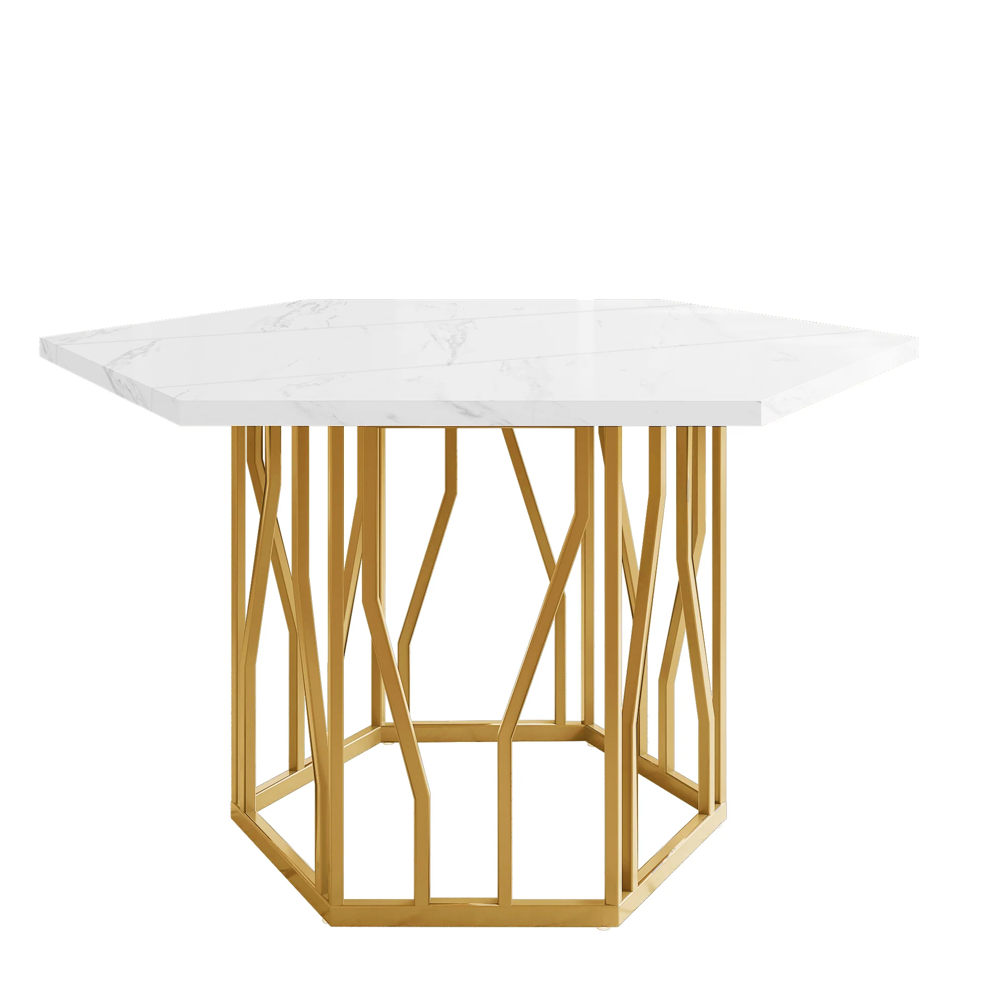 Dining Set (5-Piece) Modern Hexagonal Marble Table 4 Green Velvet Chairs Gold Legs - Image 6