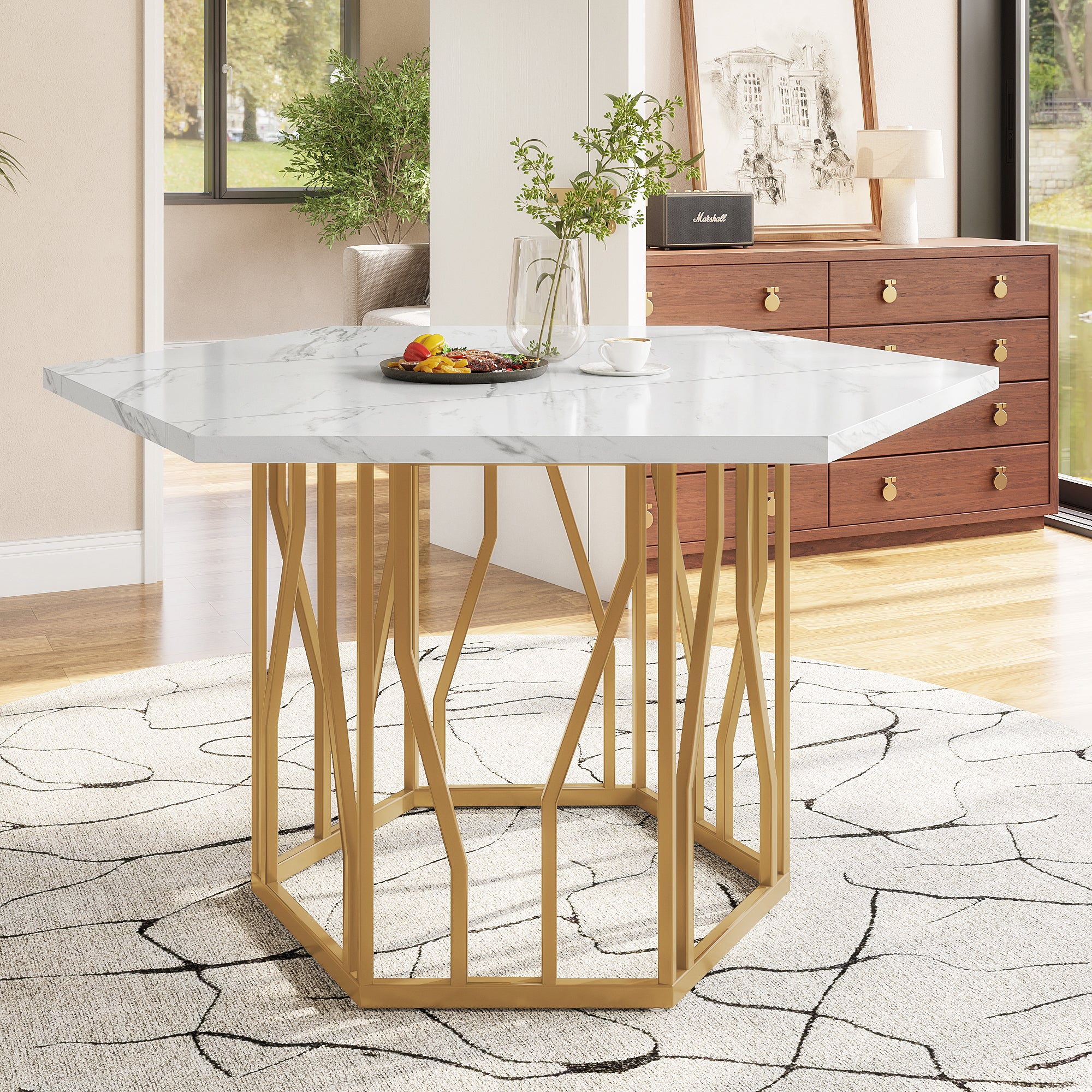 Dining Set (5-Piece) Modern Hexagonal Marble Table 4 Green Velvet Chairs Gold Legs - Image 7