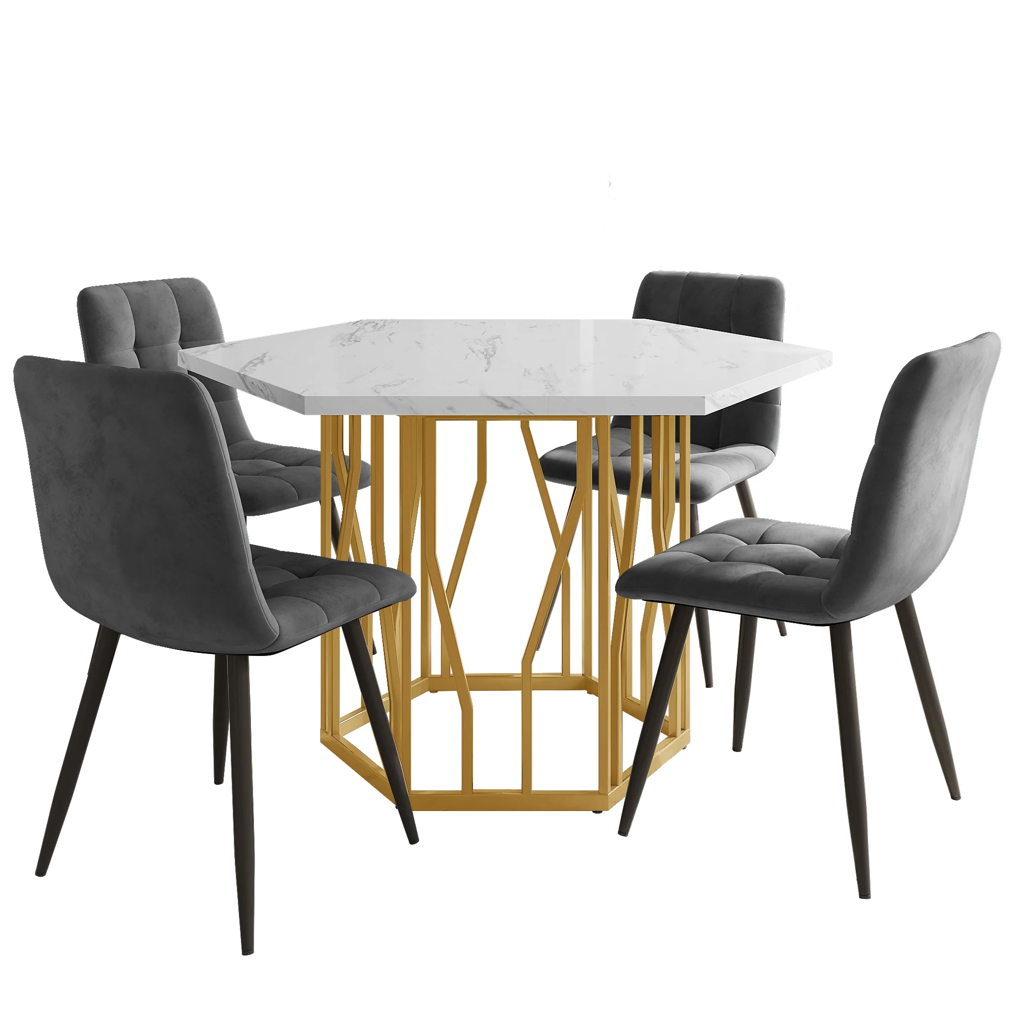 Dining Set 5-Piece Modern Hexagonal Marble Table 4 Grey Velvet Chairs Gold - Image 3