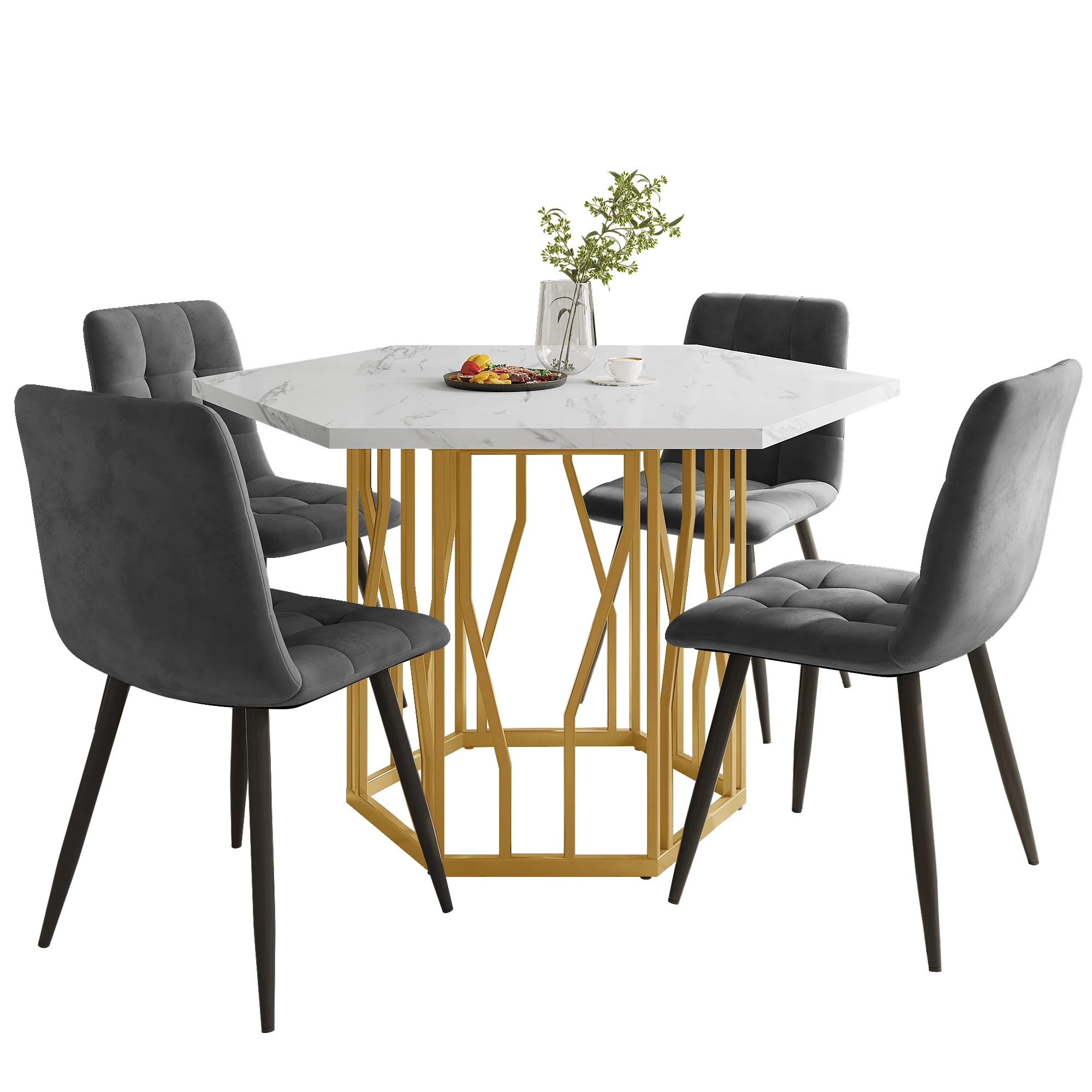 Dining Set 5-Piece Modern Hexagonal Marble Table 4 Grey Velvet Chairs Gold - Image 4