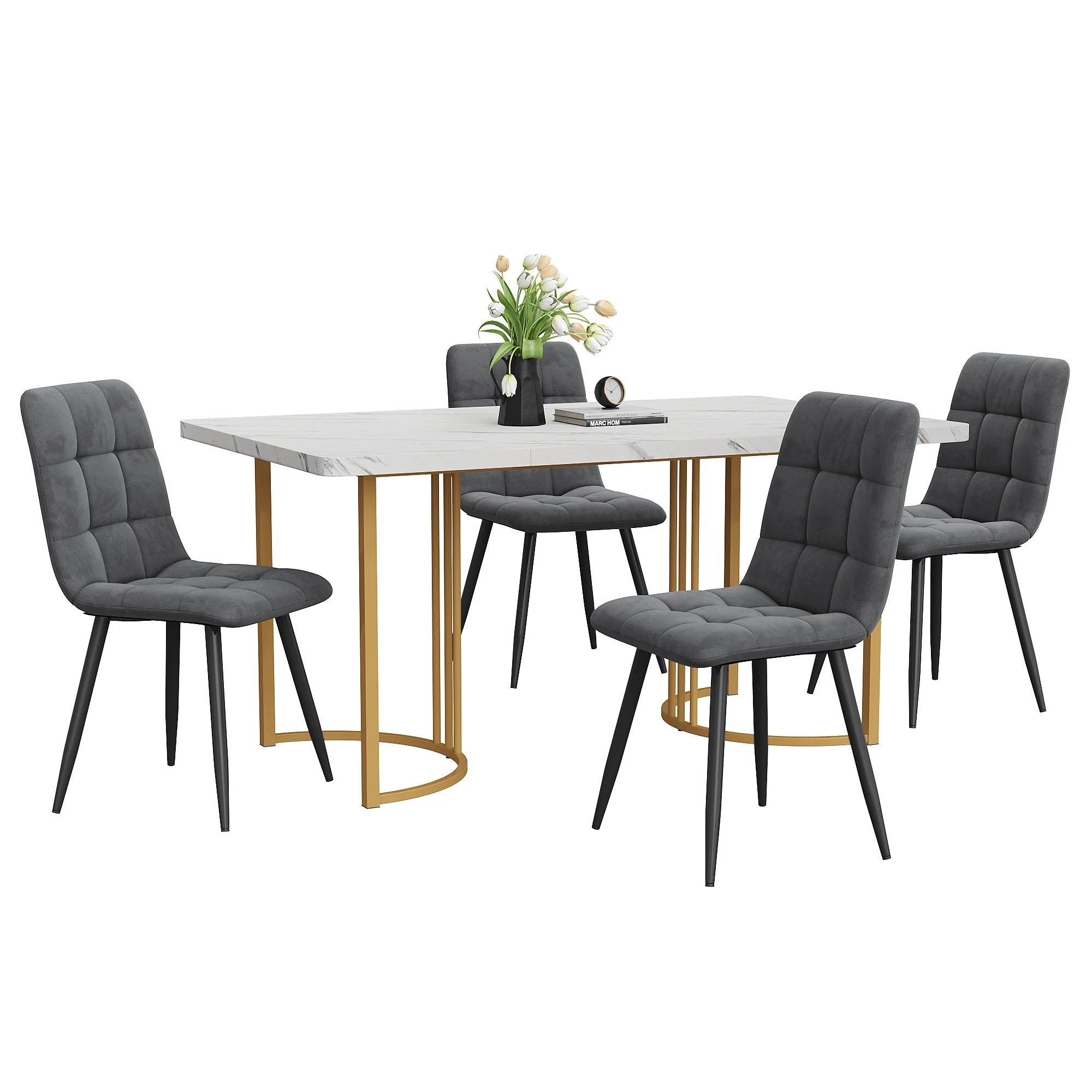 Dining Set 5-Piece Modern Kitchen Table 140x80cm Gold Metal Legs White & Dark Grey Velvet - Image 3