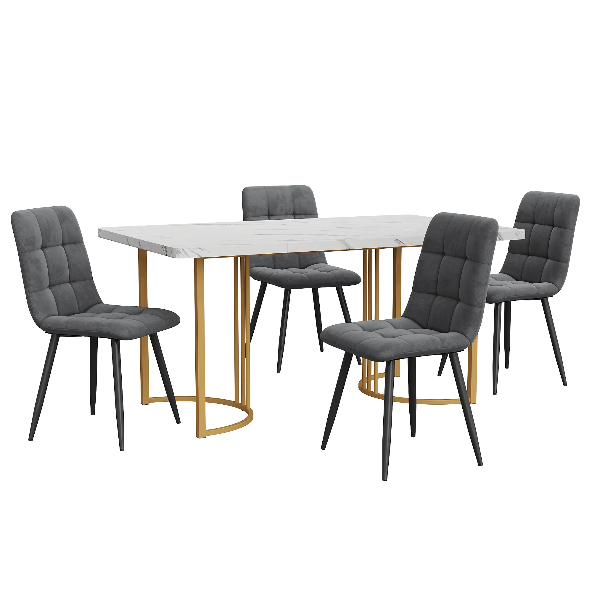 Dining Set 5-Piece Modern Kitchen Table 140x80cm Gold Metal Legs White & Dark Grey Velvet - Image 4