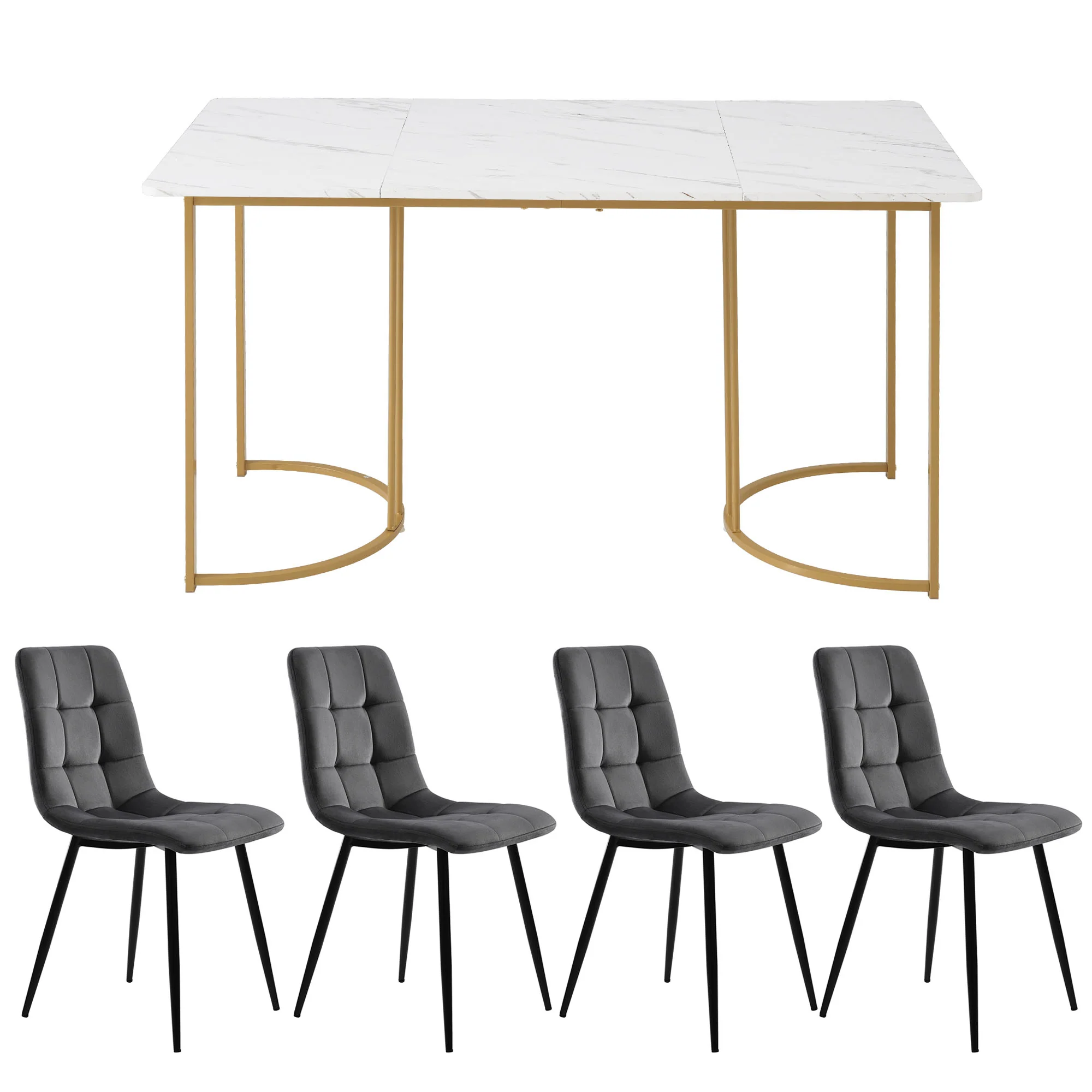 Dining Set 5-Piece Modern Kitchen Table 140x80cm Gold Metal Legs White & Dark Grey Velvet - Image 5