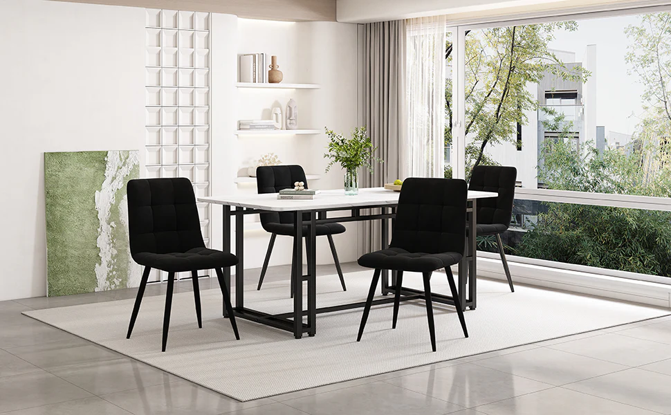 Dining Set (5-Piece) Modern Kitchen Table 140x80cm with Black Velvet Chairs, Black Iron - Image 2