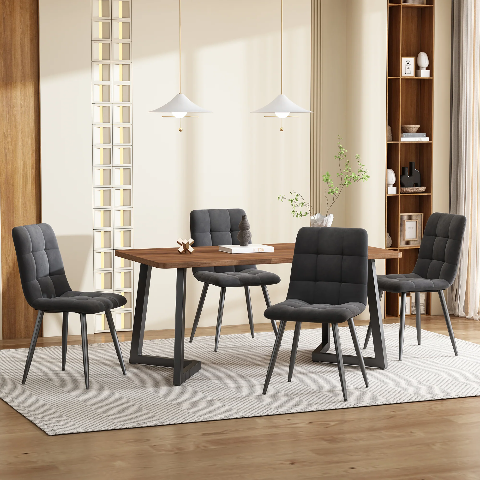 Dining Set 5-Piece Modern Kitchen Table 4 Chairs Black Metal Legs Walnut MDF Dark Grey Velvet