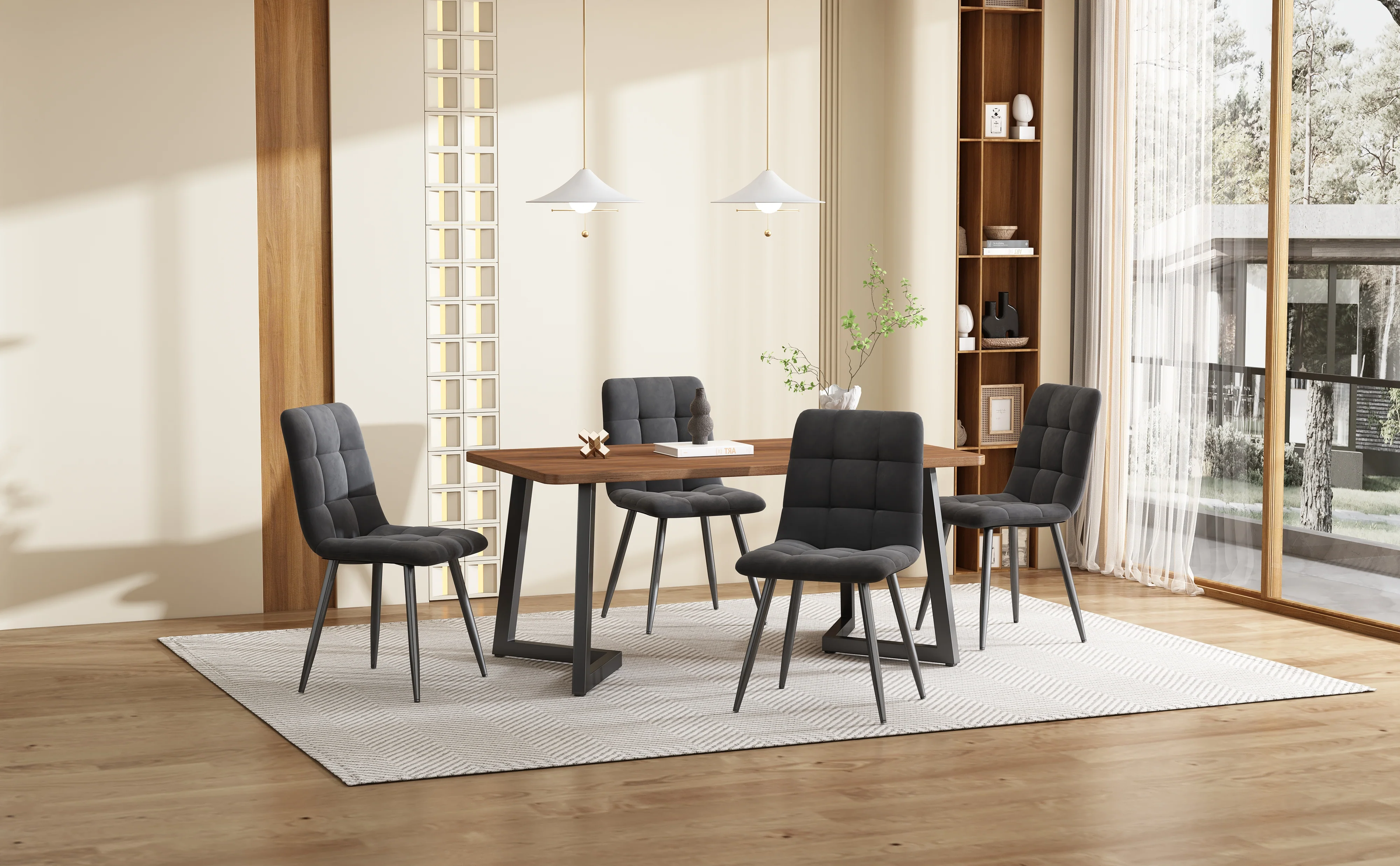 Dining Set 5-Piece Modern Kitchen Table 4 Chairs Black Metal Legs Walnut MDF Dark Grey Velvet - Image 2