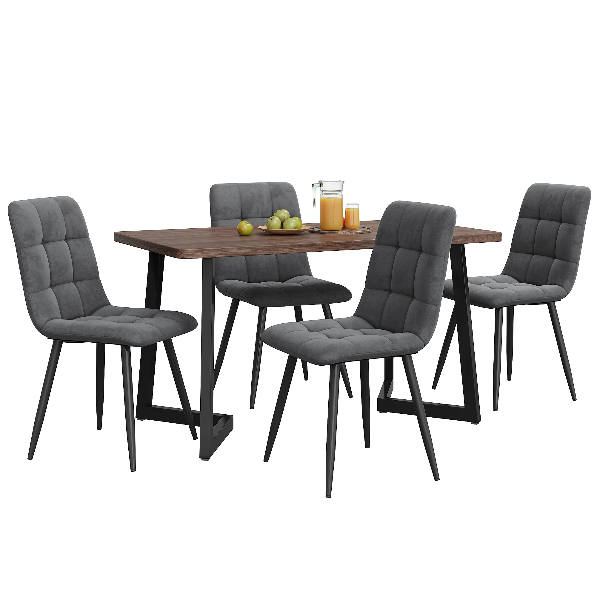 Dining Set 5-Piece Modern Kitchen Table 4 Chairs Black Metal Legs Walnut MDF Dark Grey Velvet - Image 3