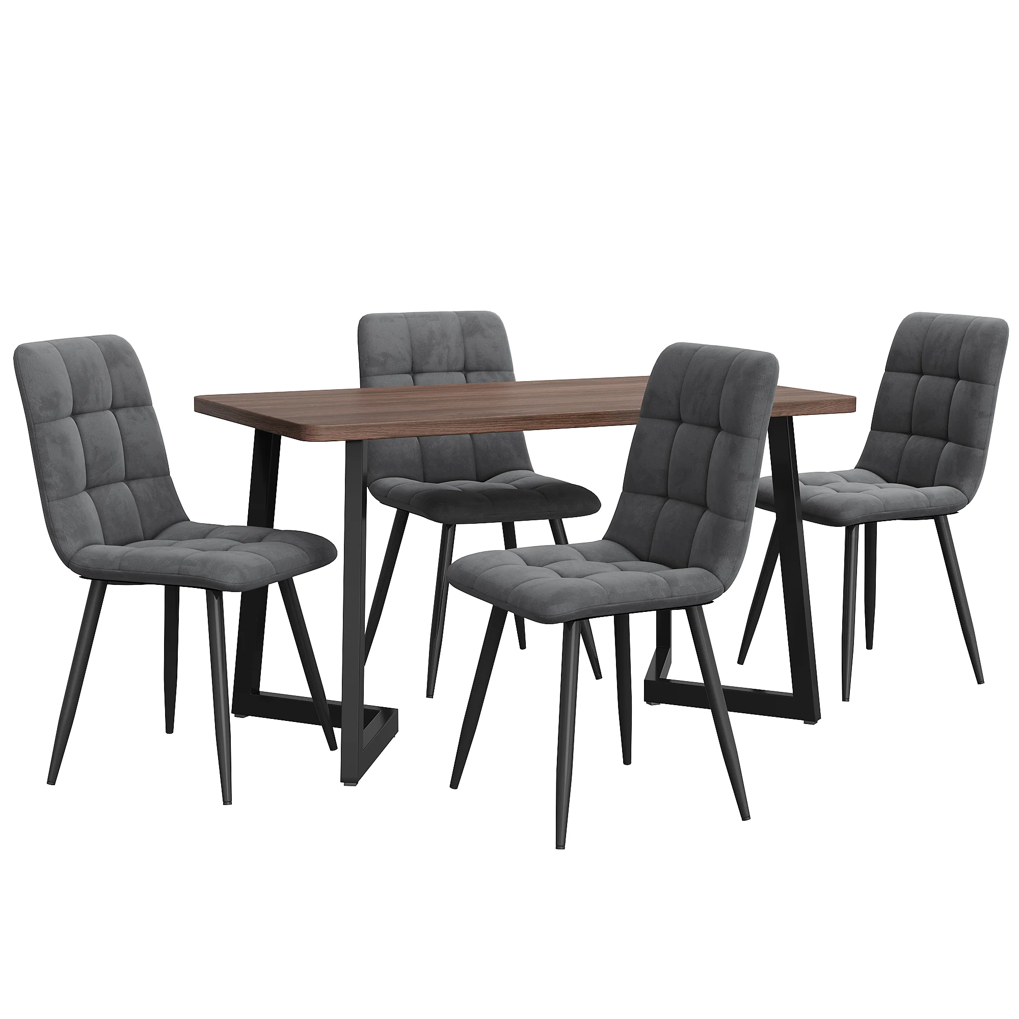 Dining Set 5-Piece Modern Kitchen Table 4 Chairs Black Metal Legs Walnut MDF Dark Grey Velvet - Image 4