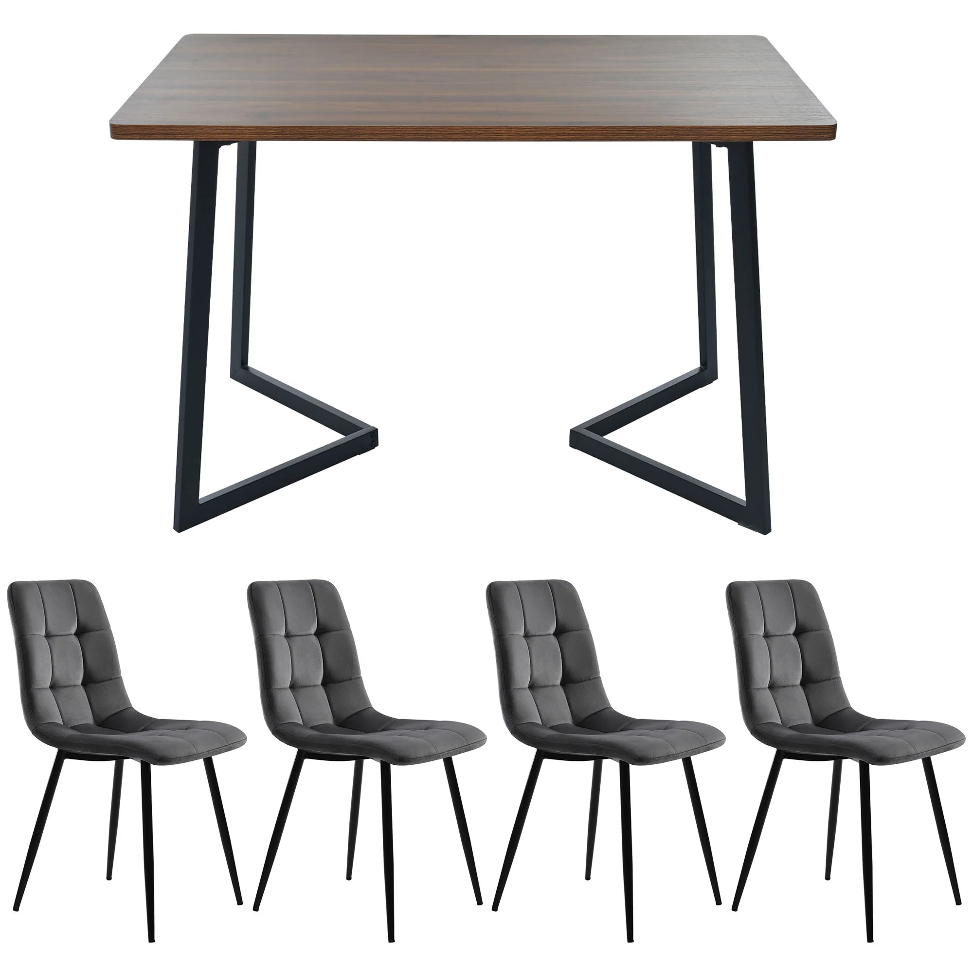 Dining Set 5-Piece Modern Kitchen Table 4 Chairs Black Metal Legs Walnut MDF Dark Grey Velvet - Image 5