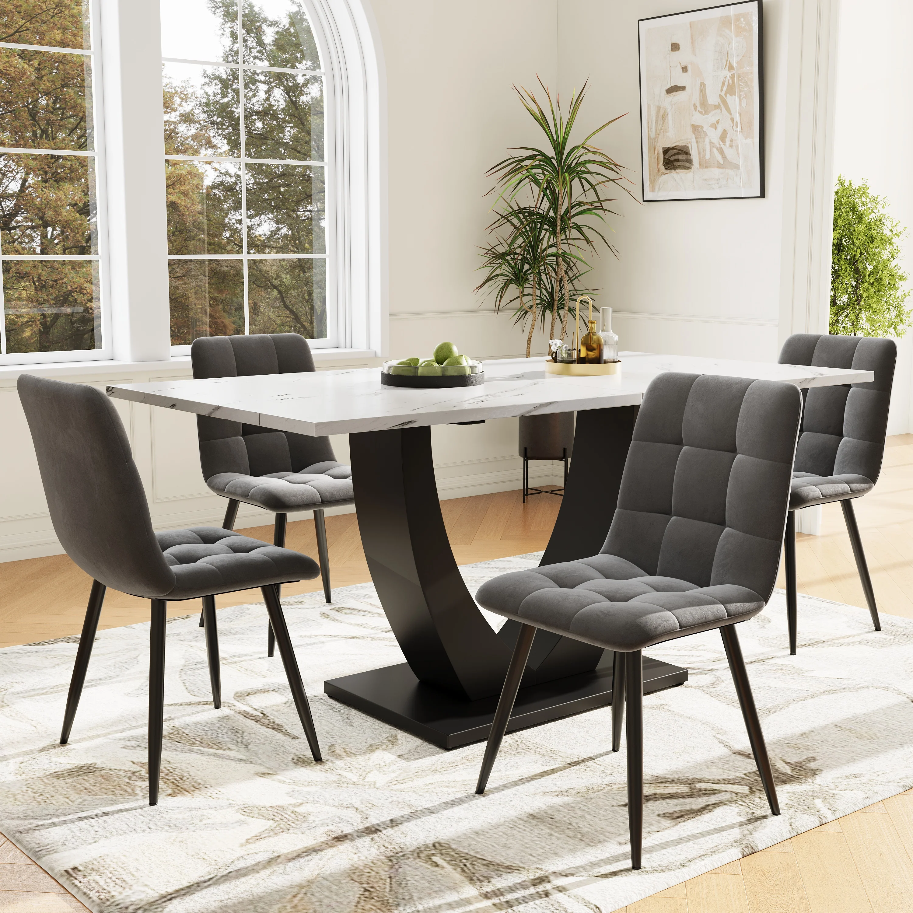 Dining Set 5-Piece Modern U-Shaped Table White Marble & 4 Grey Velvet Chairs