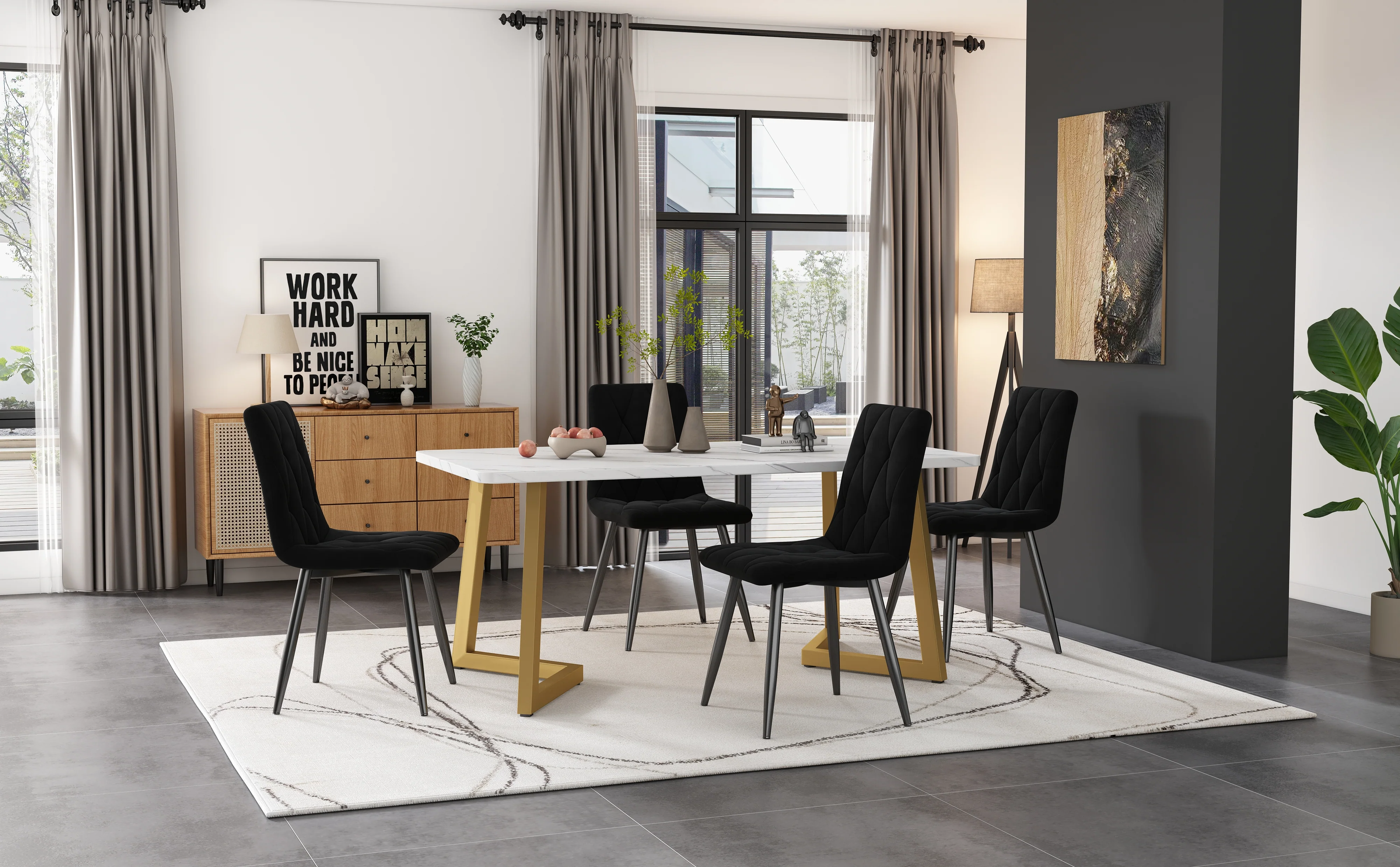 Dining Set 5-Piece Rectangular 117x68cm Black Twill Velvet/Gold Legs - Image 2