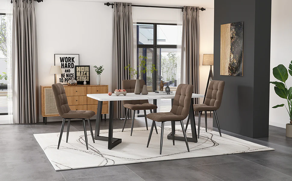 Dining Set 5-Piece Rectangular 117x68cm Table 4 Chairs Brown Velvet Black Legs - Image 2