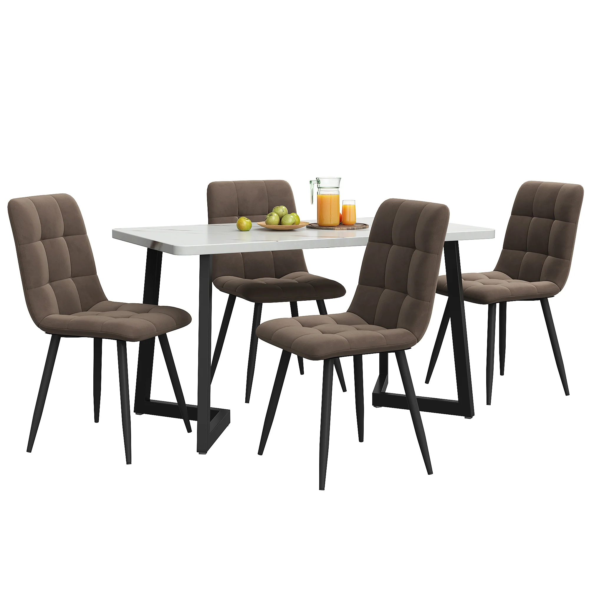 Dining Set 5-Piece Rectangular 117x68cm Table 4 Chairs Brown Velvet Black Legs - Image 3