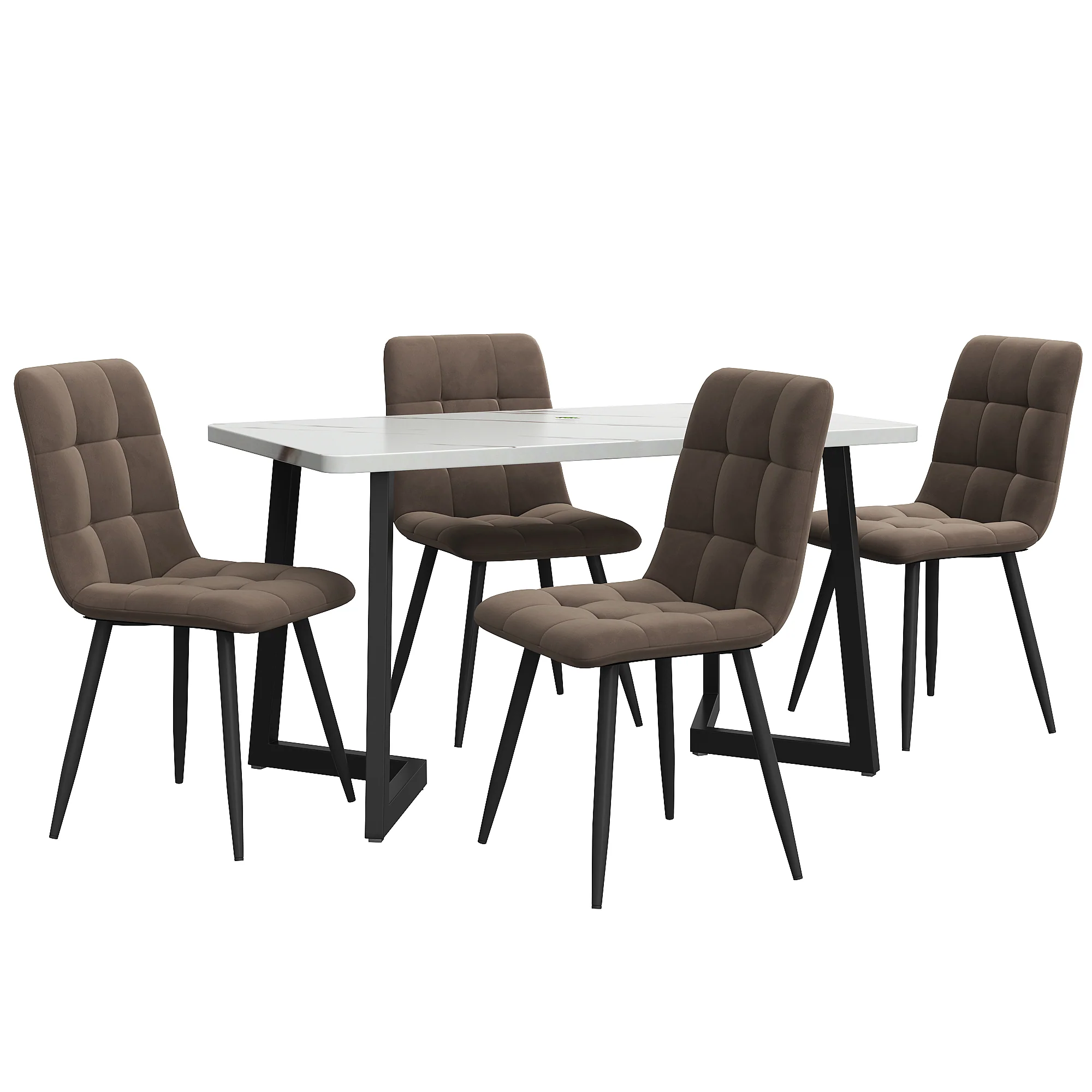 Dining Set 5-Piece Rectangular 117x68cm Table 4 Chairs Brown Velvet Black Legs - Image 4