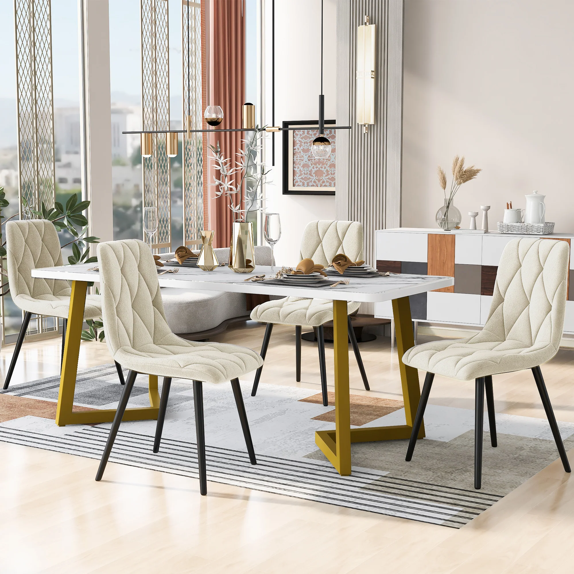 Dining Set 5-Piece Rectangular 117x68cm Table with 4 Chairs Beige Twill Velvet Gold Legs - Image 3